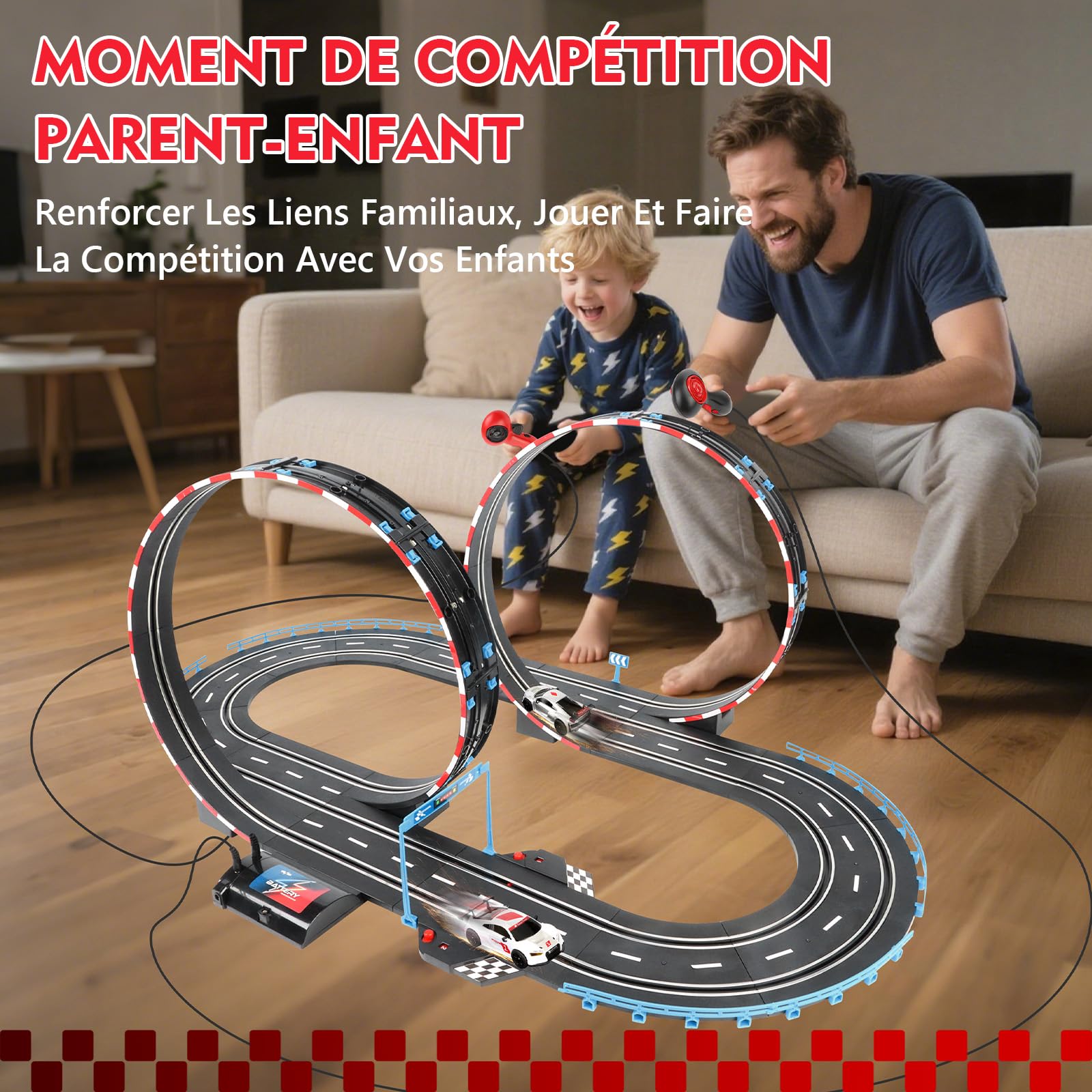 Charmofun Circuit Voiture Electrique pour Enfants, 2 Slot Cars Racing Échelle 1:43 Circuit de Course Electrique avec Voitures et Accessoires 6 7 8 9 12 Jahren