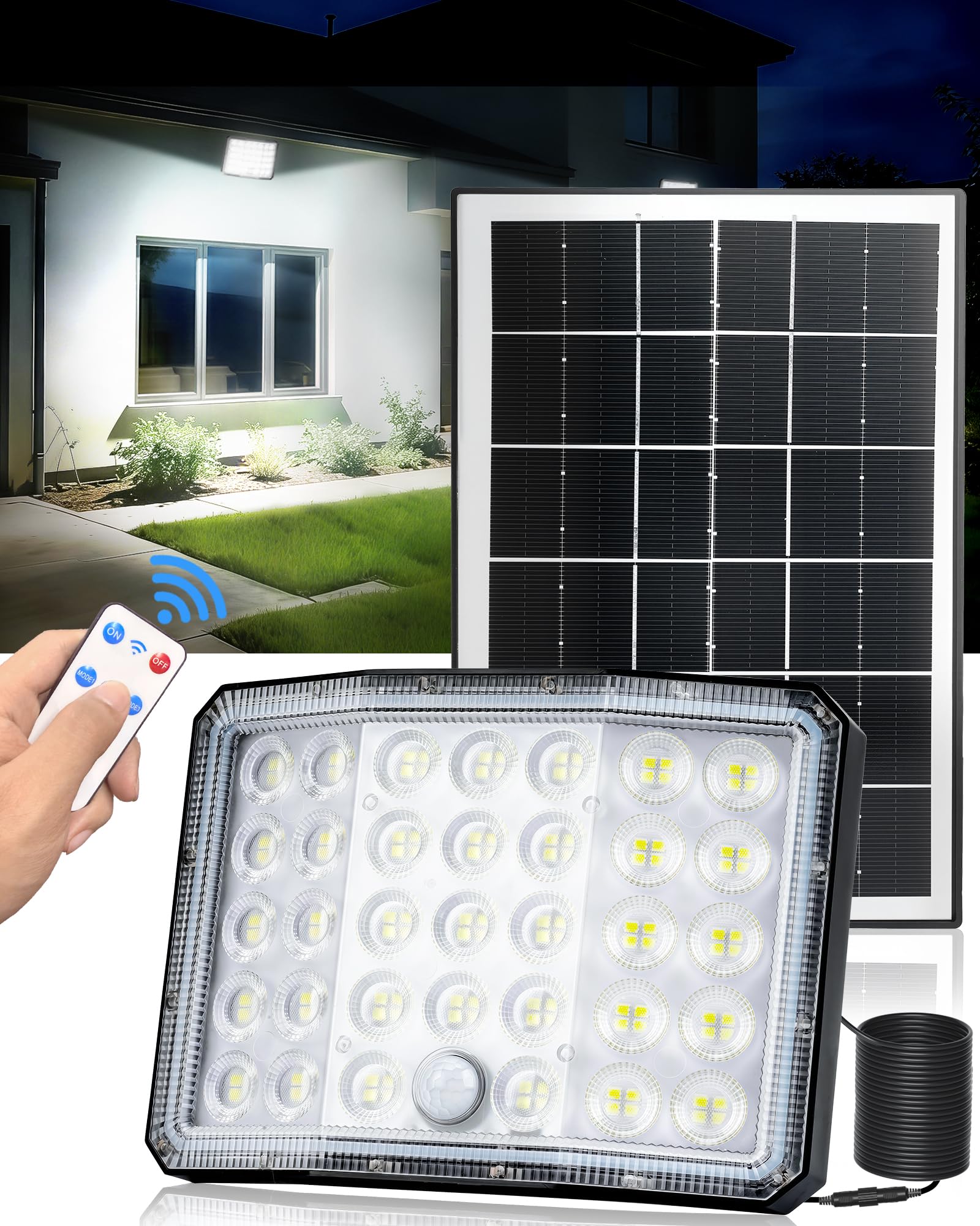 Luz Solar Exterior, 3600mAh 4 Modos Focos LED Exterior Solares con Control Remoto, 210° Iluminacion Luces Solares LED Exterior, IP66 Impermeable Foco Solar Exterior Luces Solares Exterior, 1 Paquete