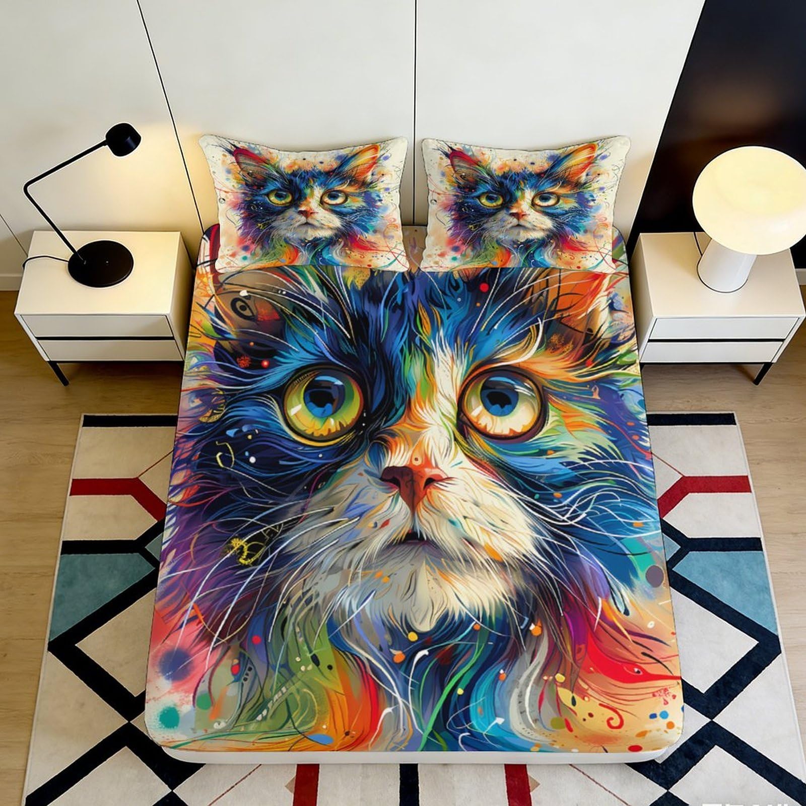 3D Printed Colorful Cat Fitted Sheet Microfiber Soft Breathable Artistic Cat Face Bed Cover for Bedroom Dormitory Guest Room Mattress Protection Decor 180x200x25cm