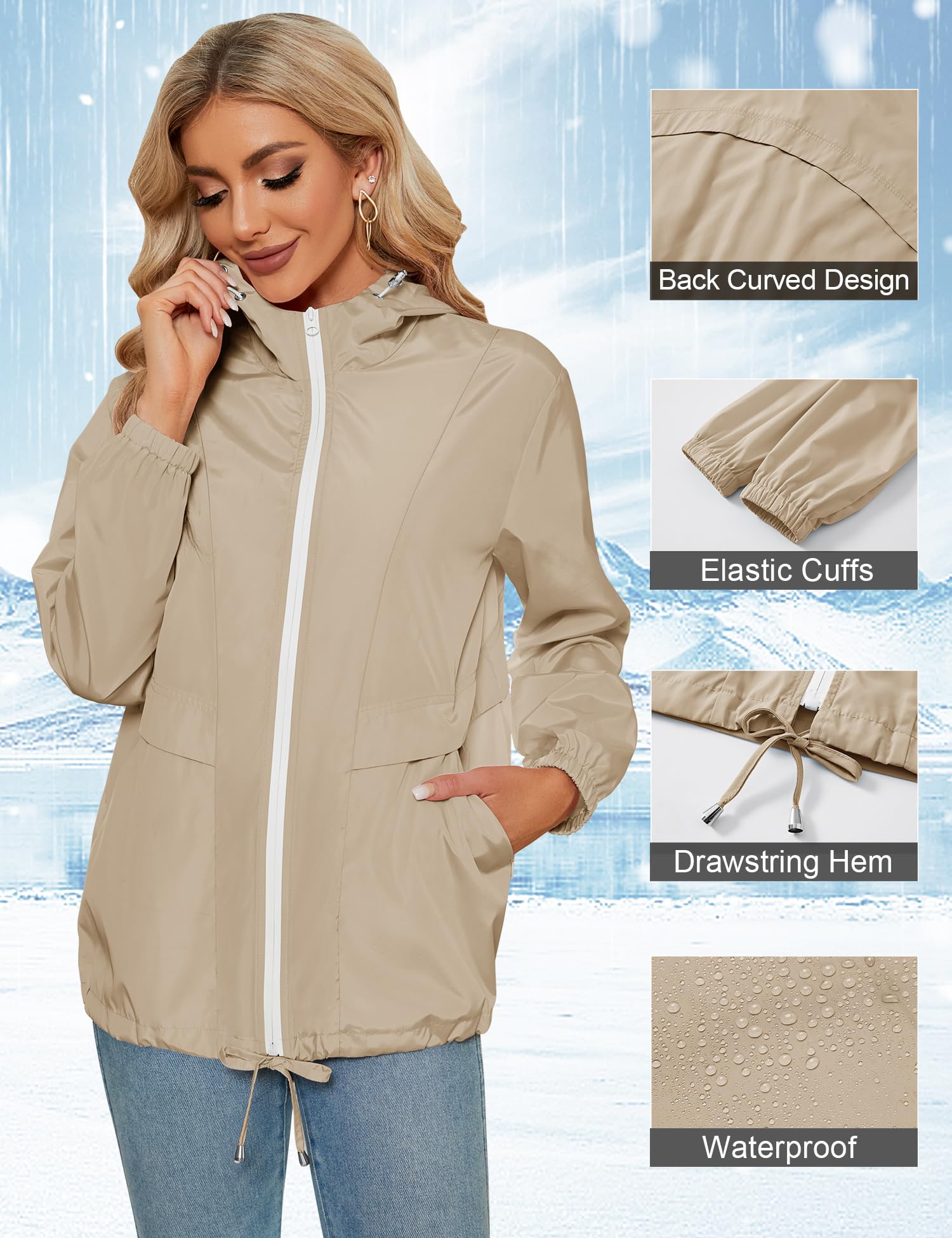 Tisfeer - Impermeabile da donna con cappuccio, leggero, antivento, ripiegabile, giacca a vento con cappuccio