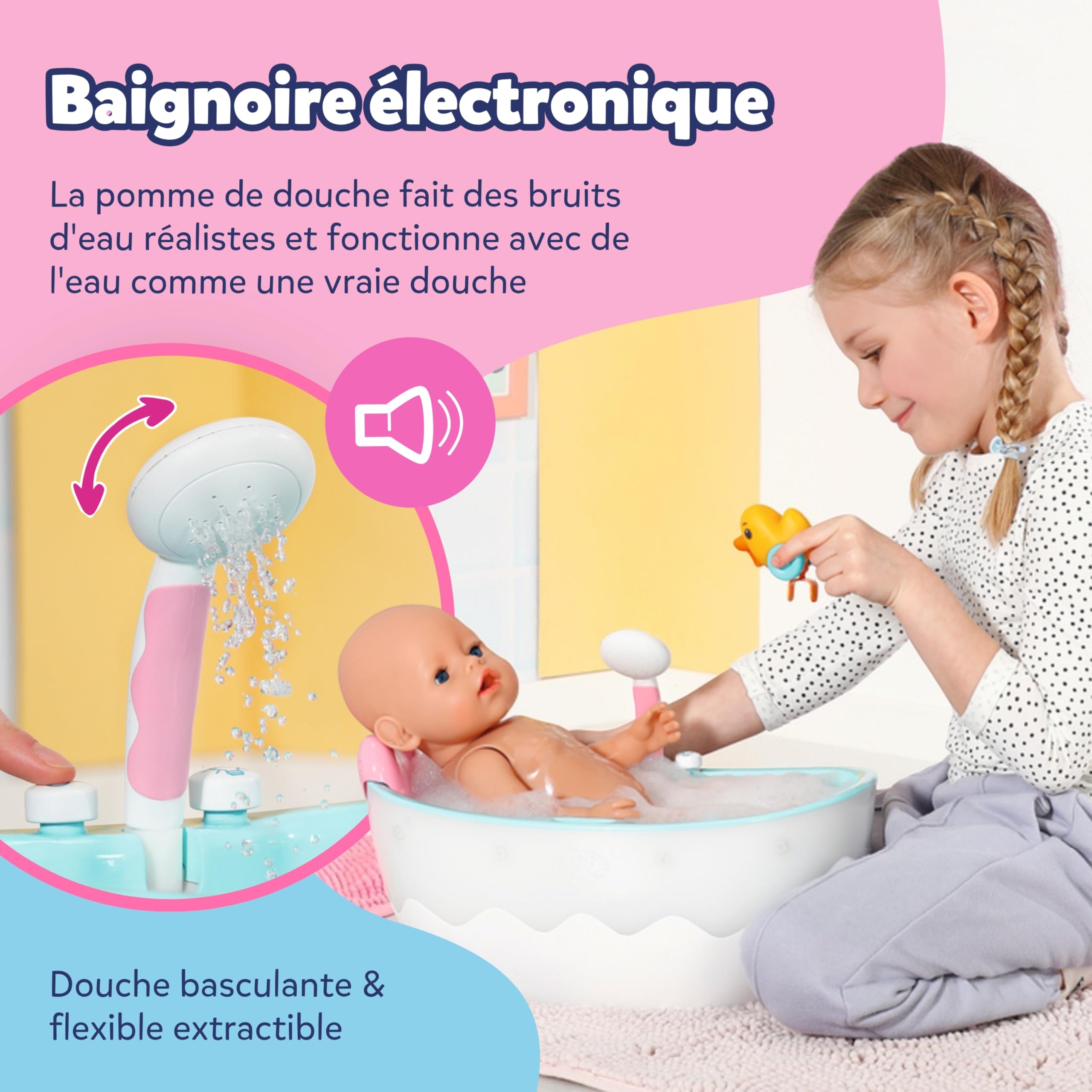 BABY born Baignoire avec Changement de Couleur - Fonction Douche et Son - Accessoires Haut de Gamme pour poupées de 36 et 43 cm - Fonctionne également avec de l'eau véritable