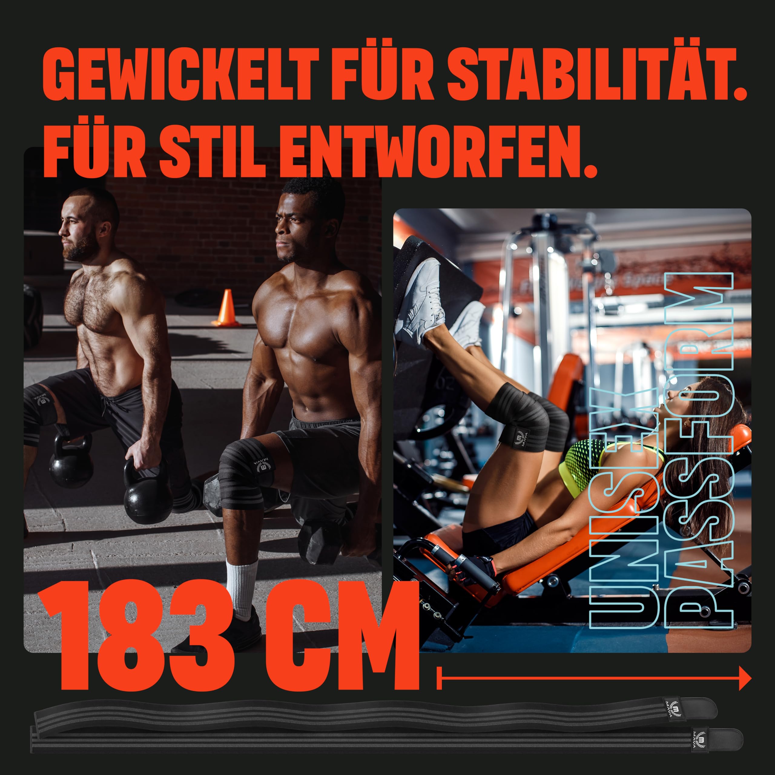Mava Sports Kniebandage für Männer und Damen (Paar); Kniestütze für Cross Training, Gewichtheben, Powerlifting; 183 cm elastische Unterstützung