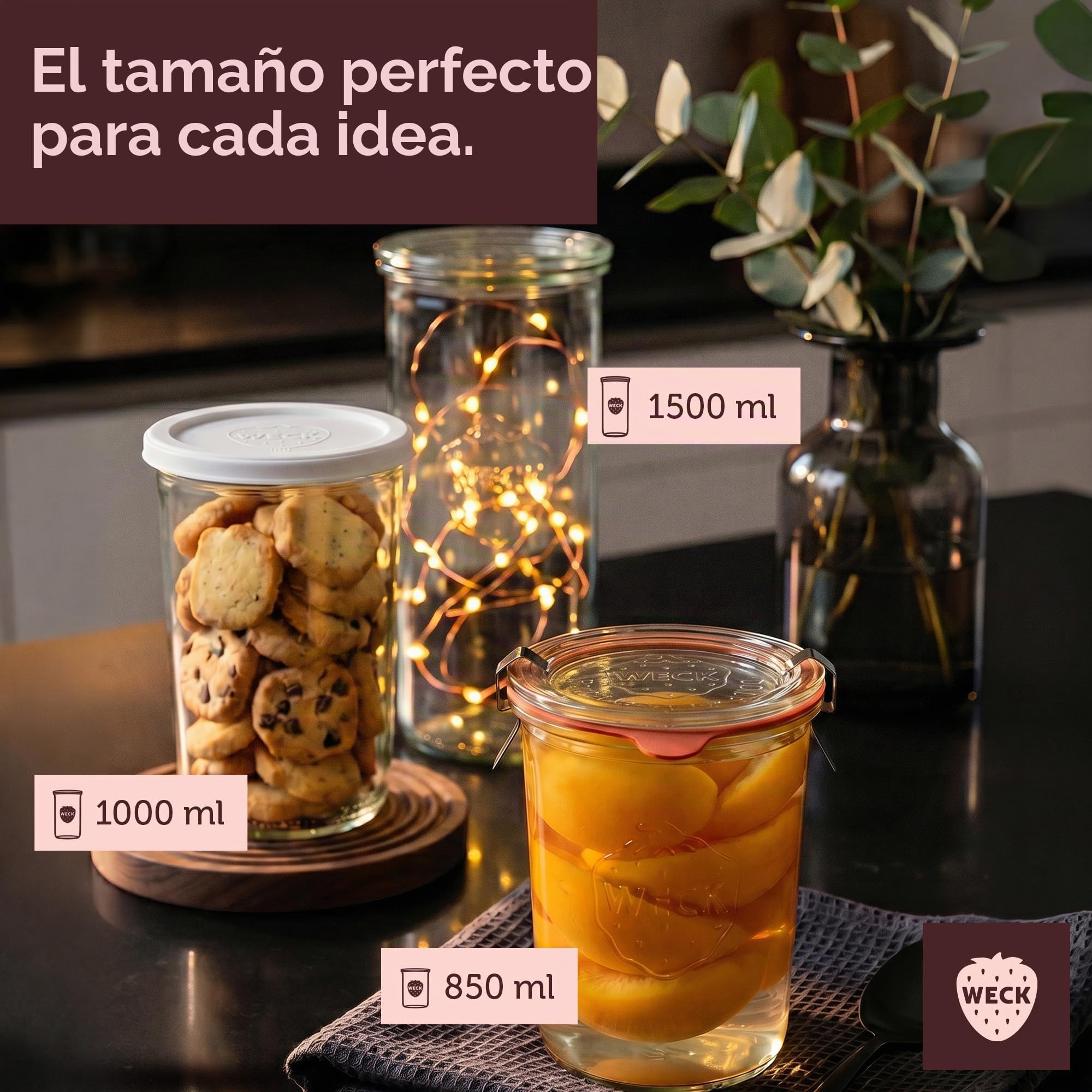 Weck Tarros de 1500 ml, juego de 6 con tapas, forma de gota, tarros de almacenamiento robustos y apilables y tarros de conserva, ideales para preparación de comidas, masa madre y fermentación