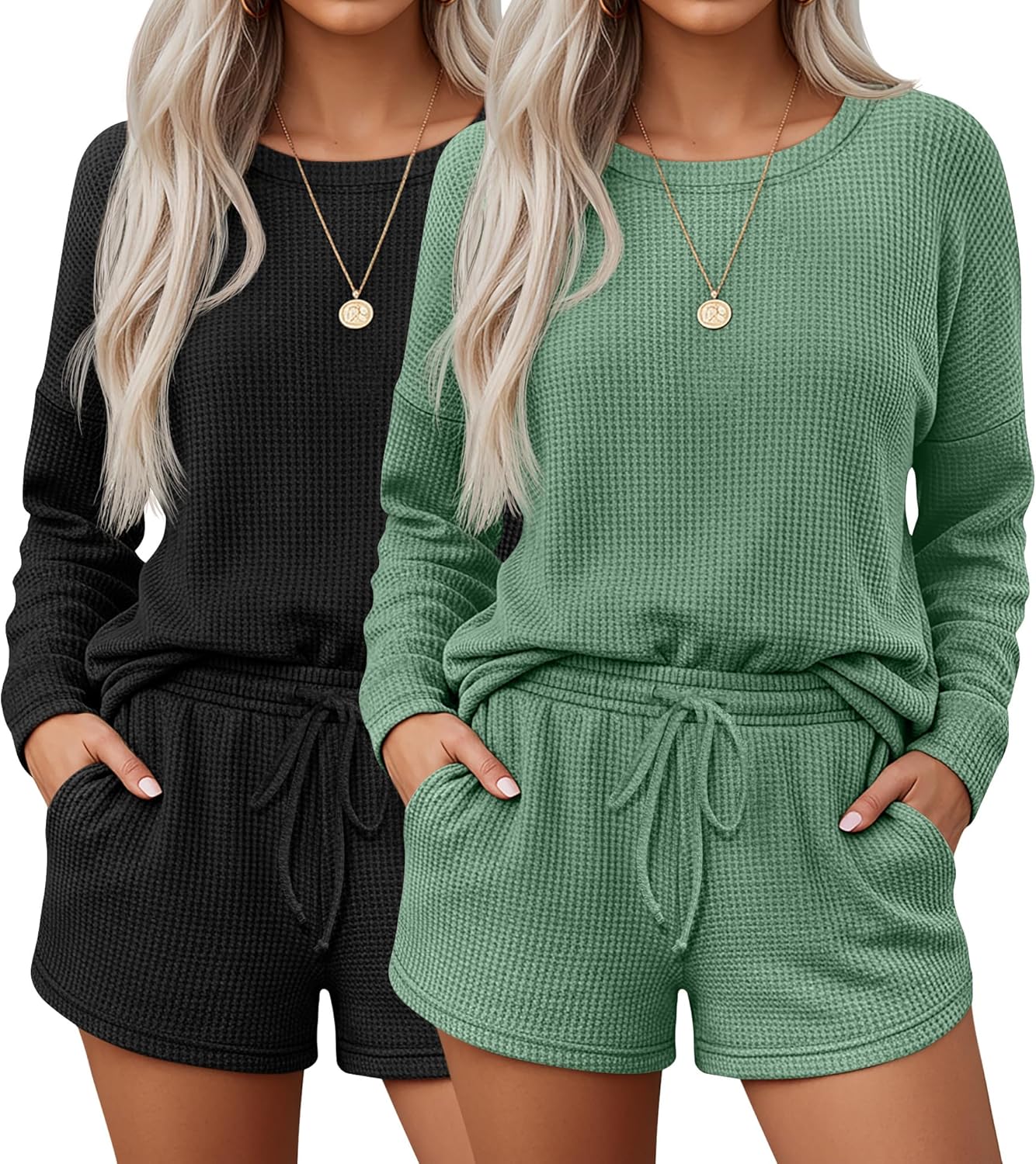 Neer 2 Pack Women's Waffle Knit Pajama Sets Long Sleeve and Shorts Pajama Set Matching PJ Loungewear Sweatsuit with Pockets