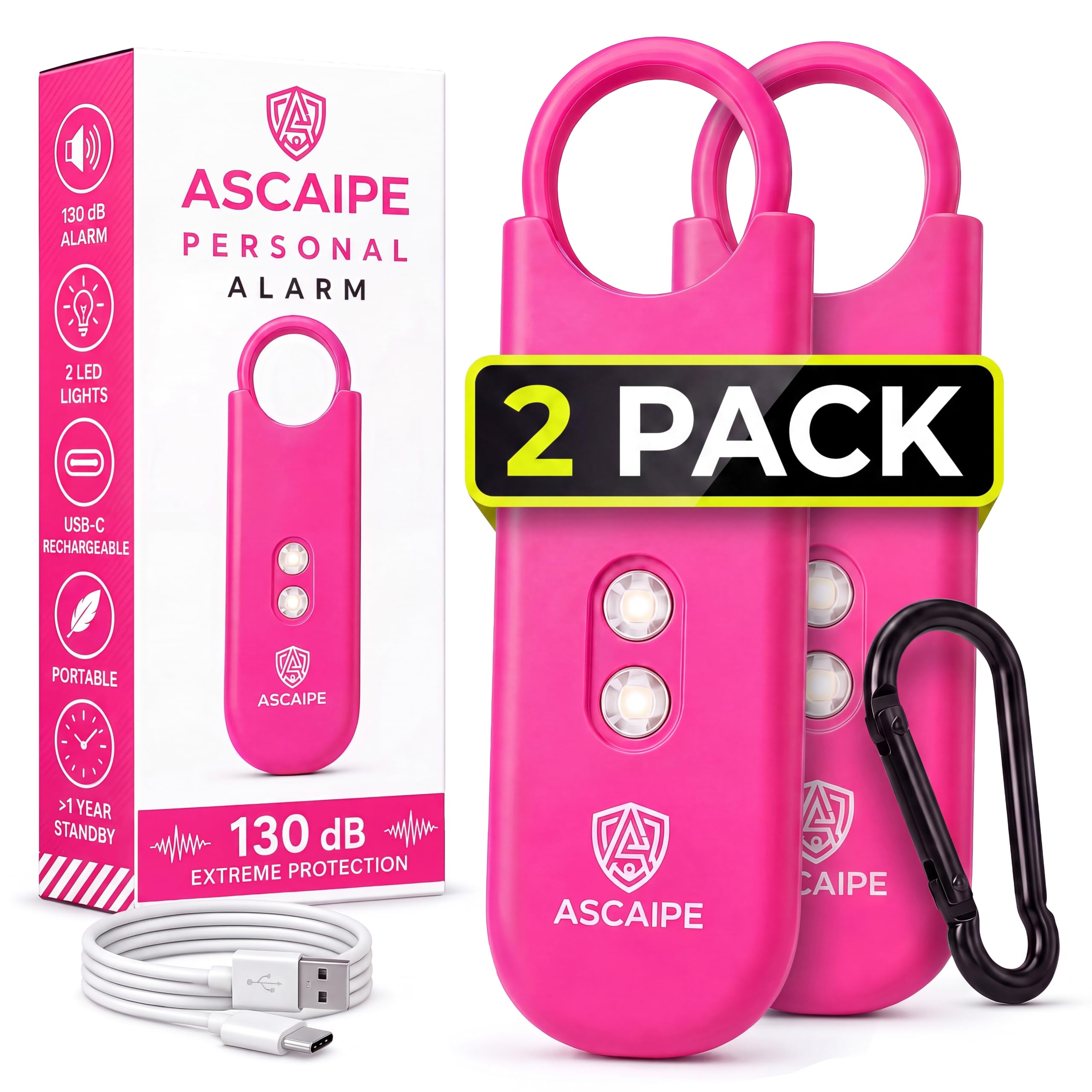 Allarme tascabile da 130 dB con LED stroboscopico, set da 2, ricaricabile, colore: rosa