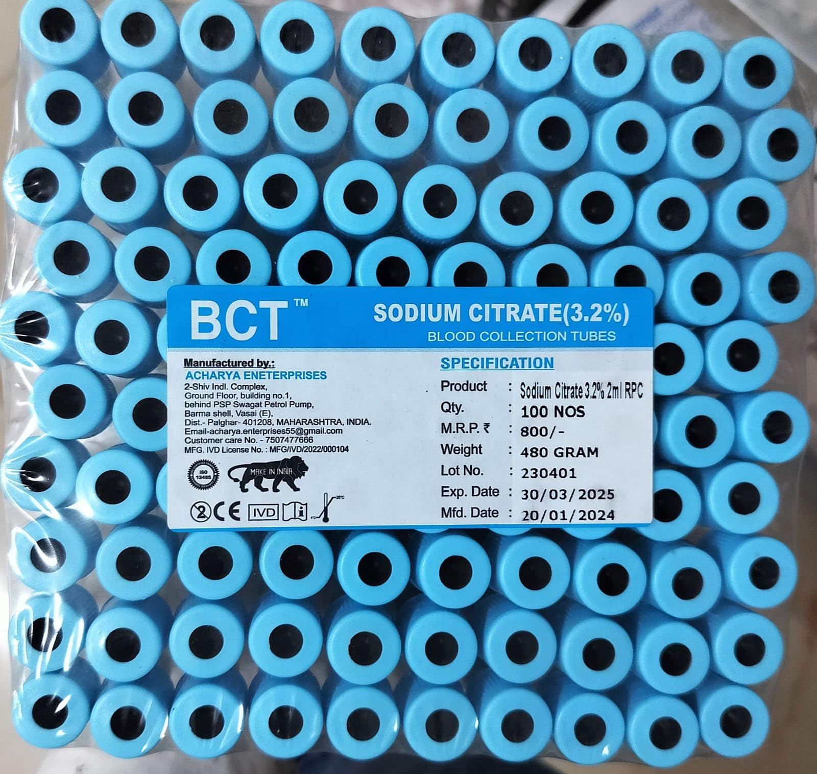 BCT 3.2% Sodium Citrate Blood Collection Tubes, 2 ML,Pack Of 100 Pcs