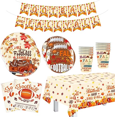 Suministros de fiesta de fútbol de otoño, decoraciones de fiesta de otoño de Acción de Gracias, incluye pancarta, mantel, tazas, platos, servilletas