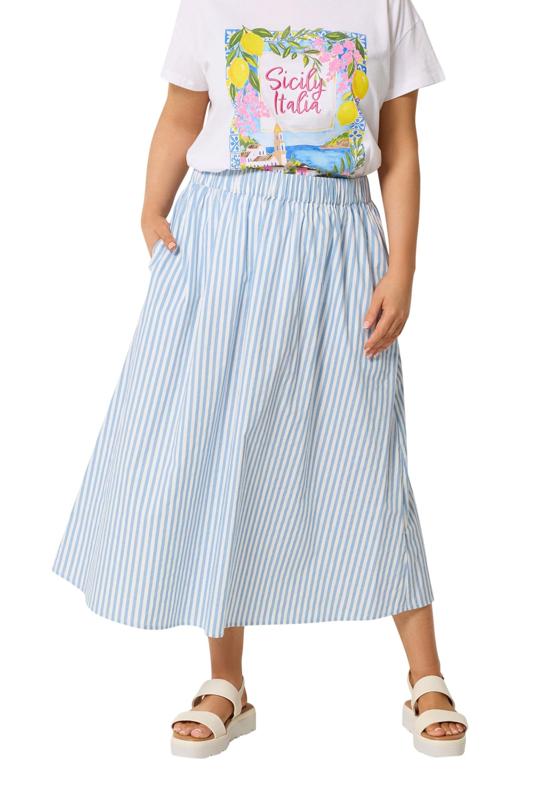 Yours Curve Blue Stripe Poplin Skirt - Women's - Plus Size Curve