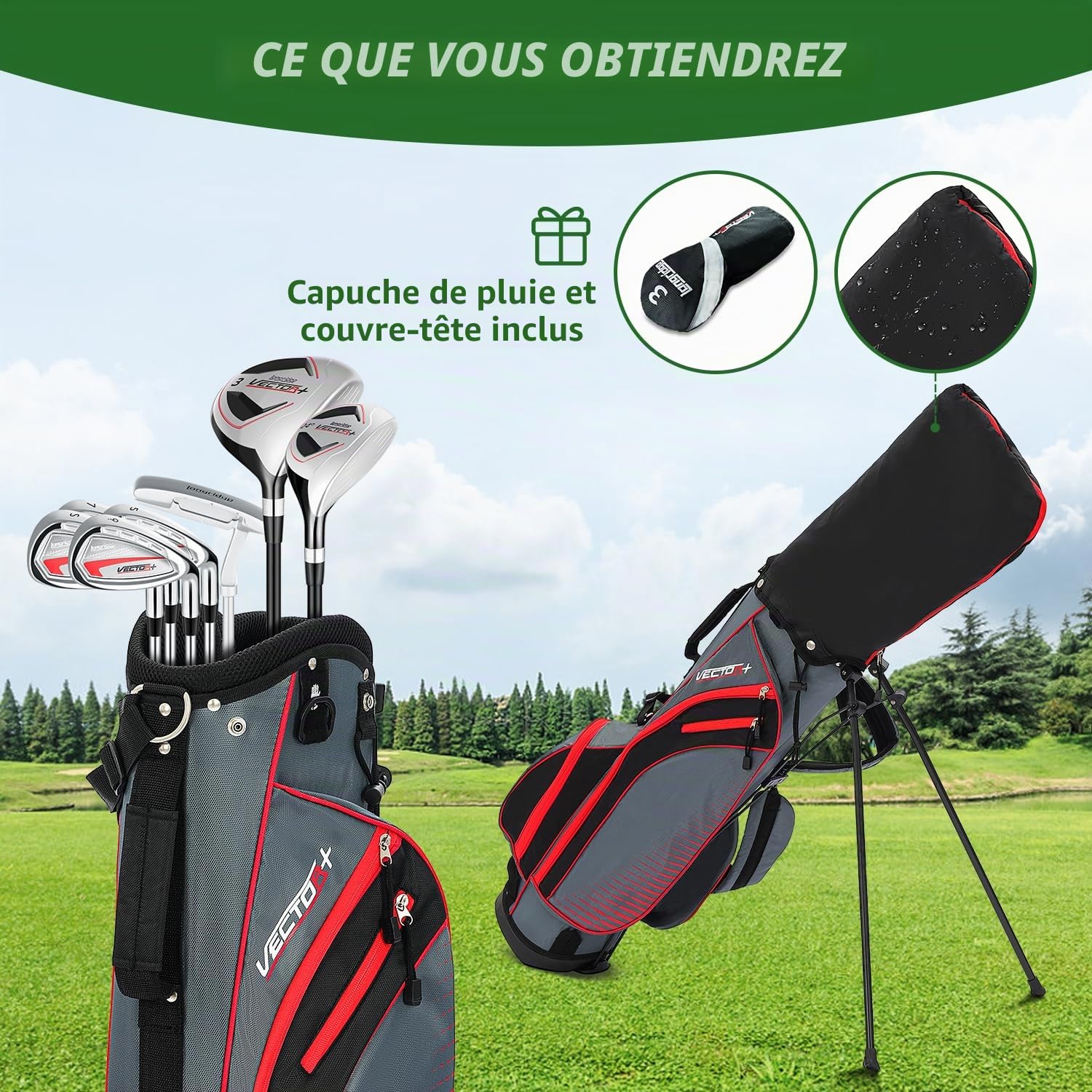 XDriveMax Ensemble de Club de Golf pour Homme gaucher 8 Pièces, avec Sac de Support avec Housse de Pluie, Bois de Fairway 3# avec Couvre-tête, 5# Hybride, 5#, 7#, 9# S# Fer et Putter