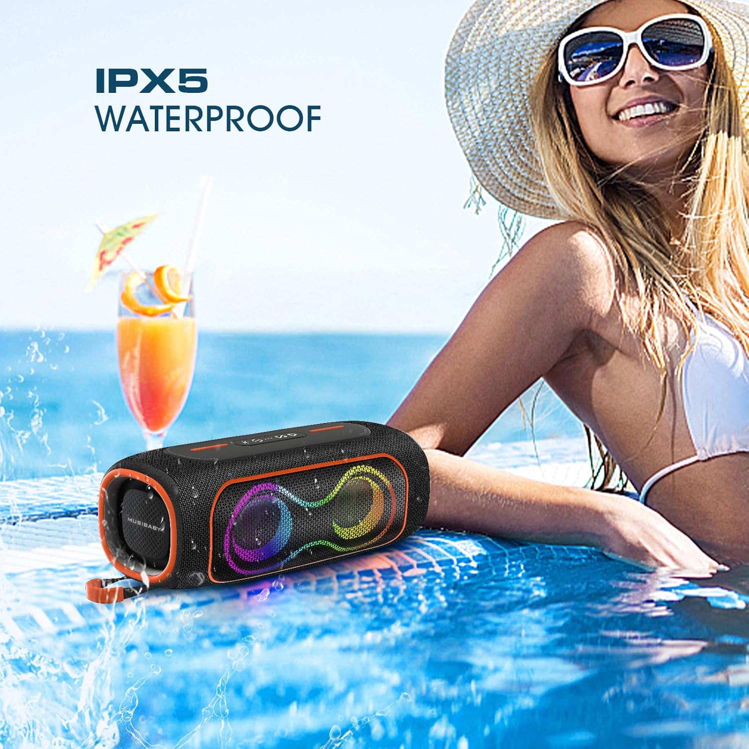 MusiBaby Portable Bluetooth Speakers with Lights, 80W Loud Outdoor Wireless Speaker with Stereo Sound, IPX5 Waterproof, 24H Playtime, BT 5.3, FM, for Home/Travel/Praty Valentines Gifts (Black) 5