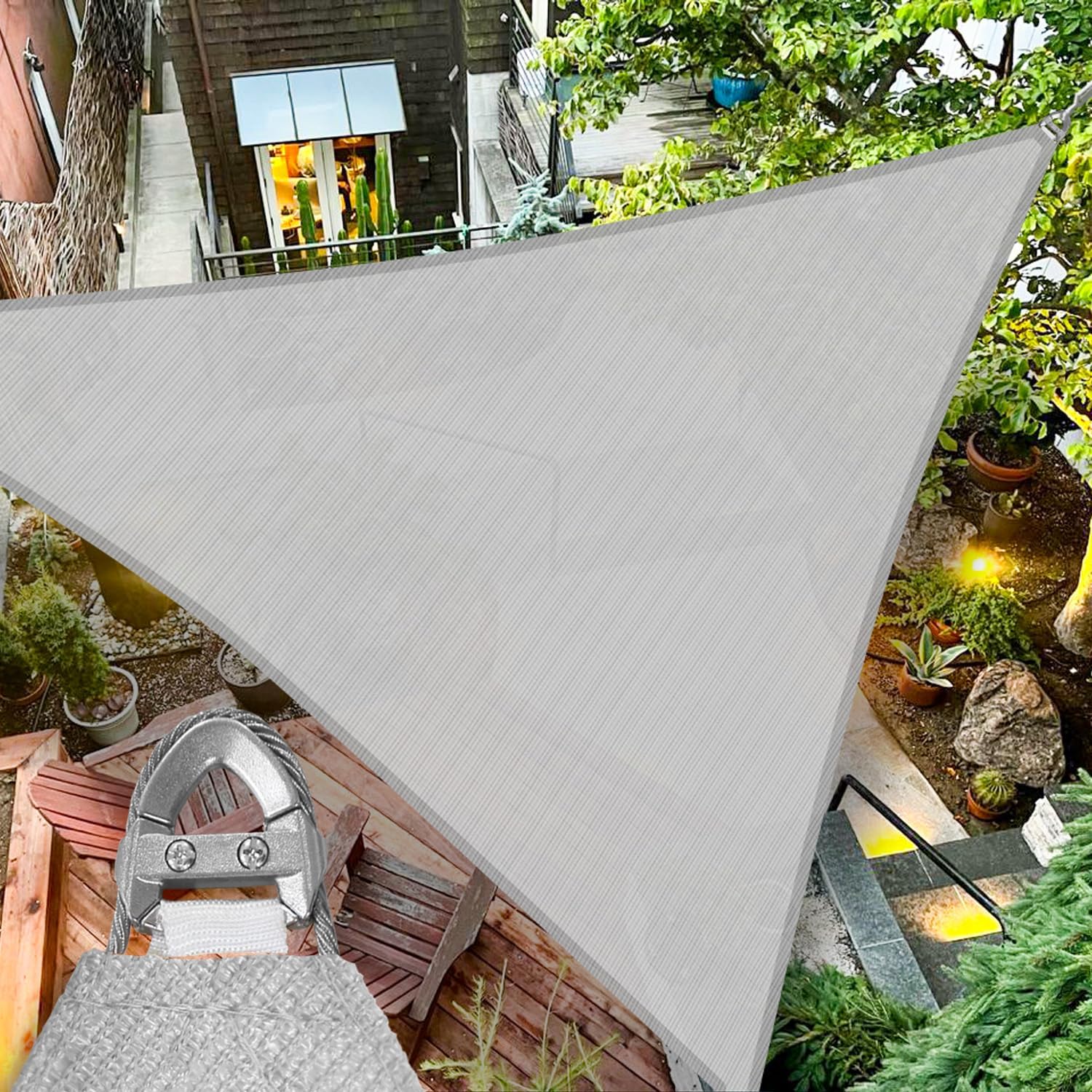 TANG 16'x16'x16' Sun Shade Sail Triangle Shade Cloth Canopy, A Ring with Steel Cable Wire Reinforcement,UV Block Heavy Duty 260 GSM for Patio Pergola Garden Deck Carport Cover, Gray
