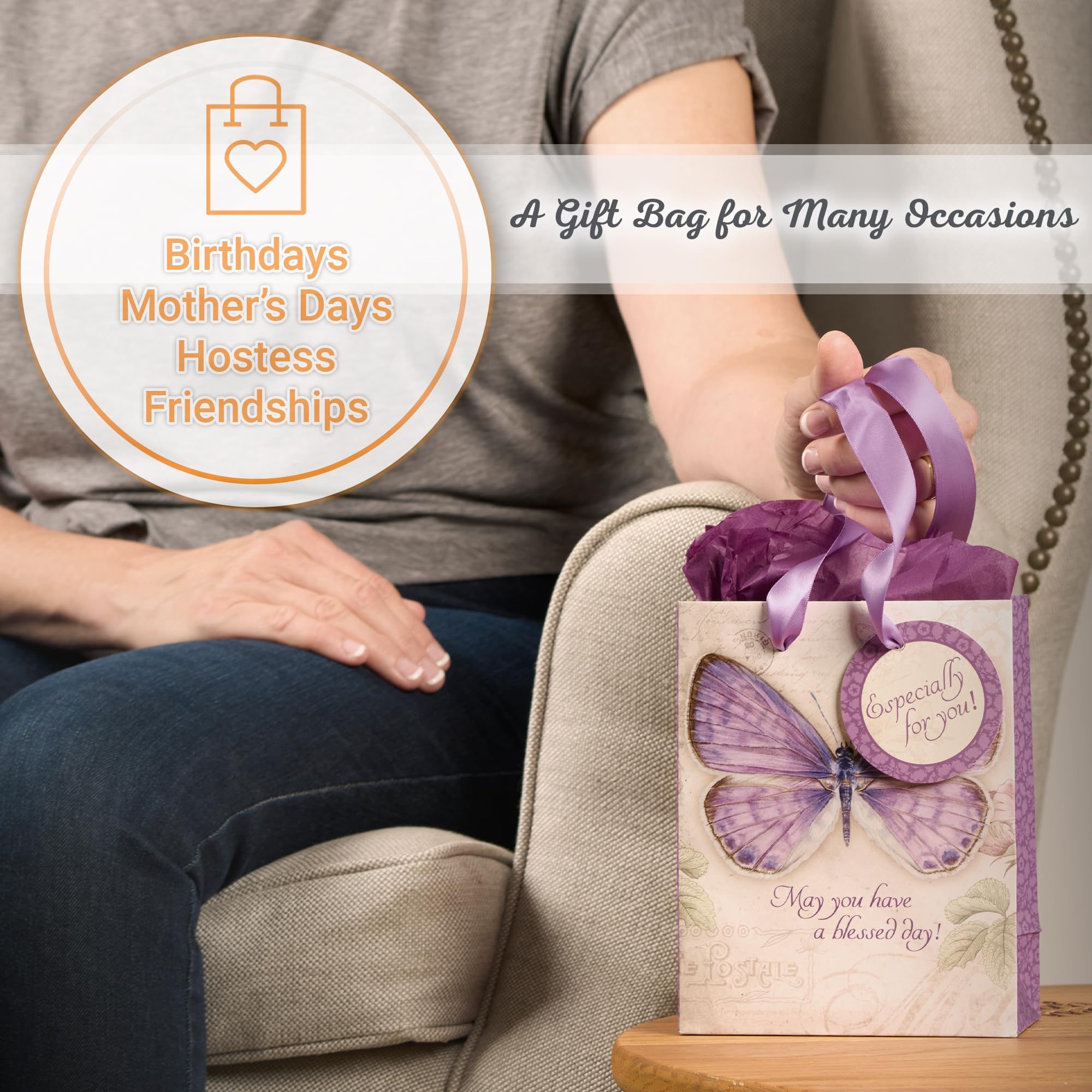 Christian Art Gifts Gift Bag, Card, and Tissue Paper Blessed Day Numbers 6:24 Bible Verse, Purple Butterfly, Small
