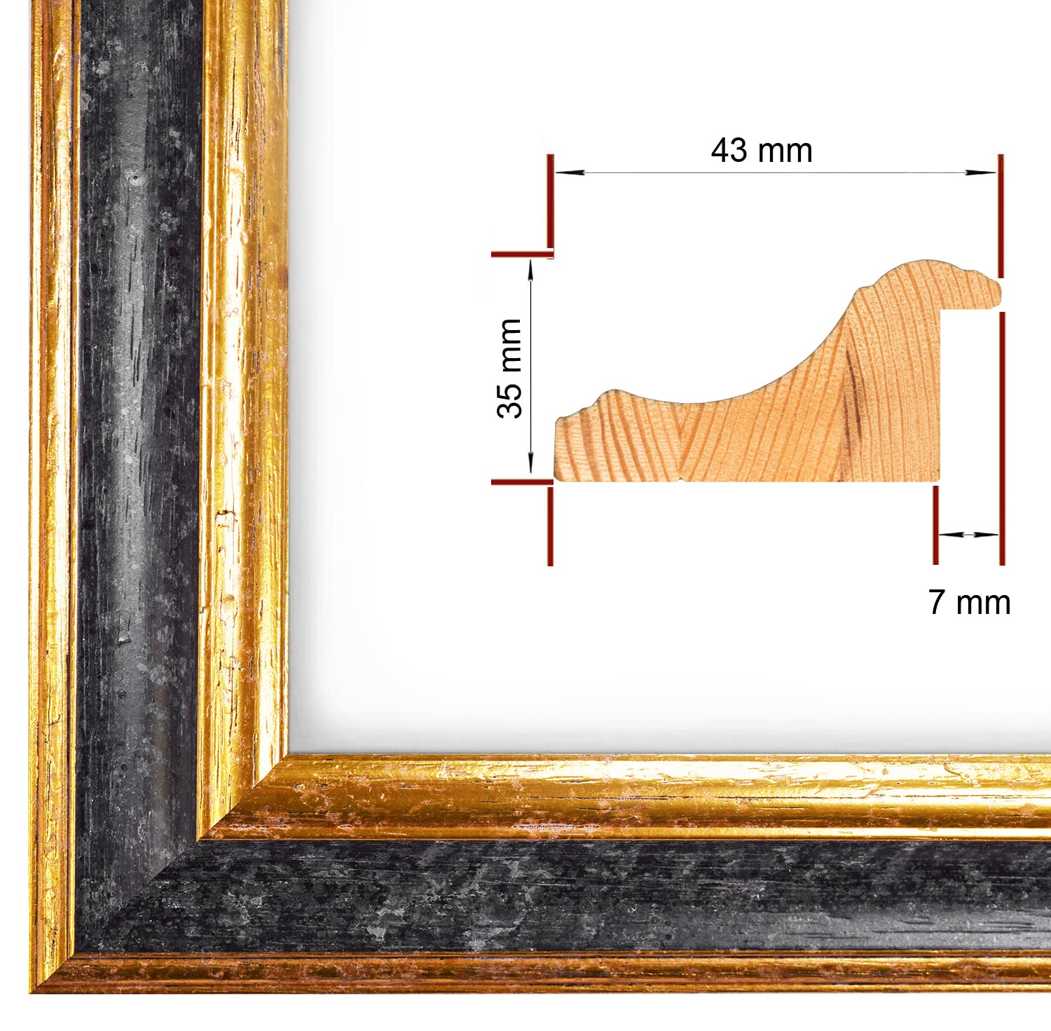 PrimeLuxe Massif Bois Cadres photo sur mesure 50 x 70 cm en Vieux-Noir Or | Taille sélectionnable | Verre acrylique incassable | Cadre pour affiches | Puzzle | Collage | EC107