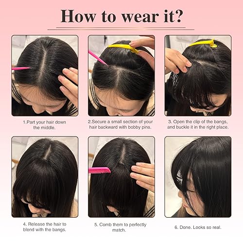 Miniatura 6 de AISI QUEENS Flequillo con clip, extensiones de cabello 100% humano con clip en flequillo negro (flequillo francés, negro natural)