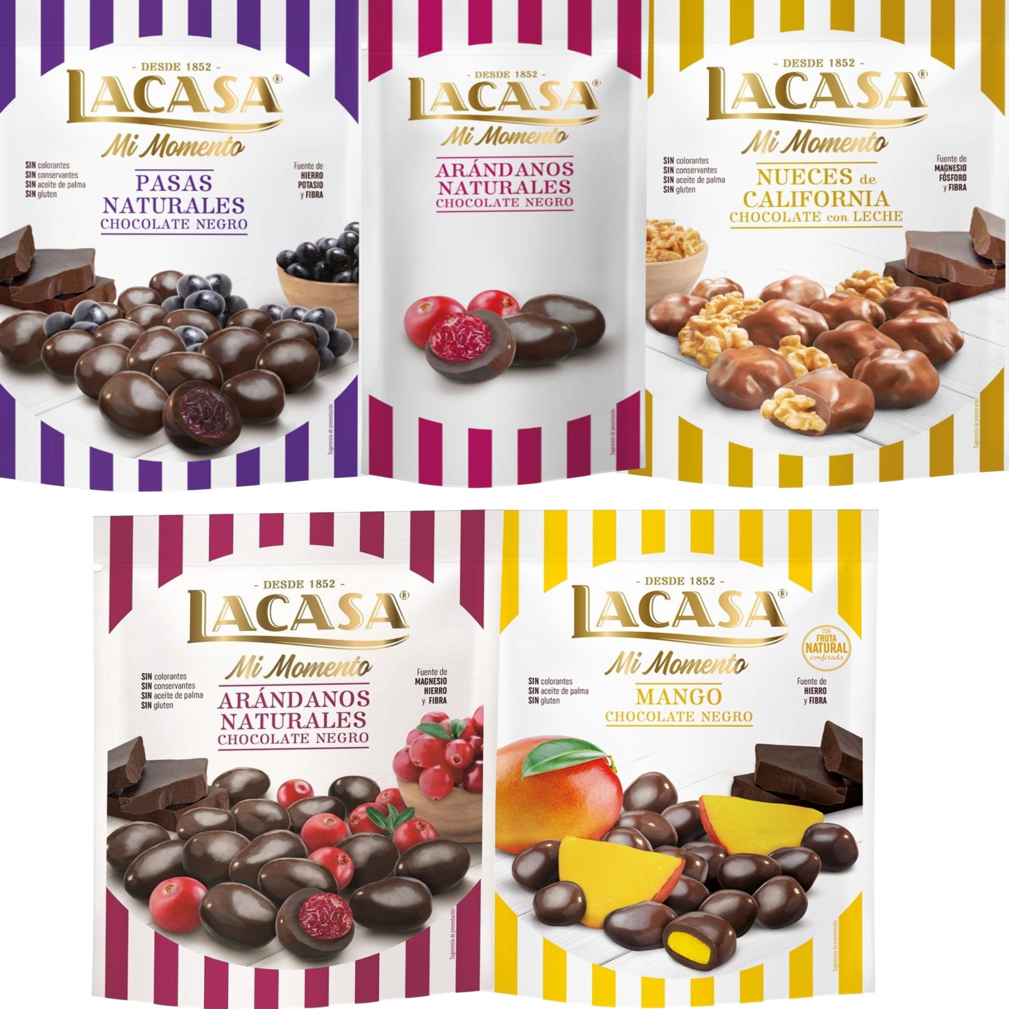 Lacasa Mi Momento pack de 5:Arándano choco Negro 60G,Arándano choco Negro 125G,Nueces Leche 115G,Pasas choco Negro 150G,Mango choco Negro 115G