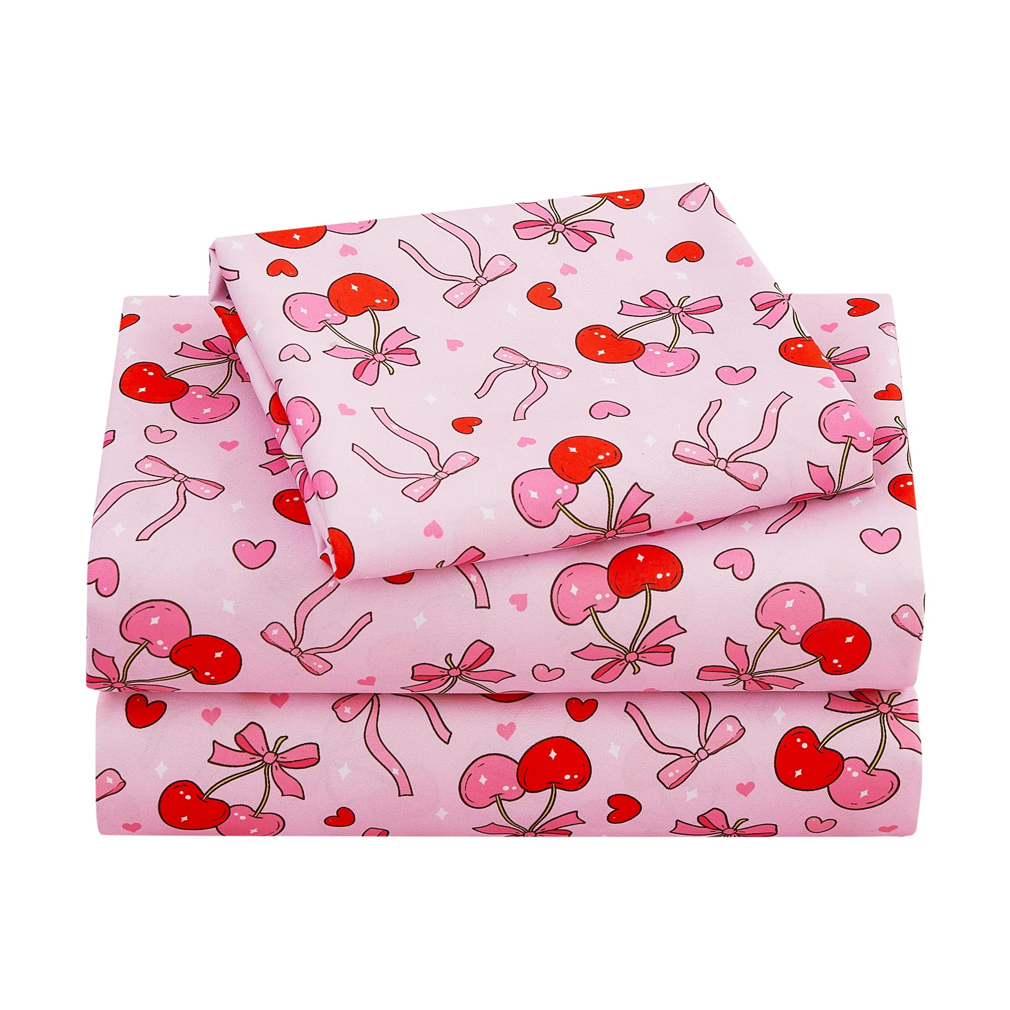 Viviland 3 Pieces Girls Bow Cherry Twin Sheet Set - Soft Microfiber Fitted Flat Sheets &amp; Pillowcase Bed Sheet Set - Pink Bedding Sets for Kids