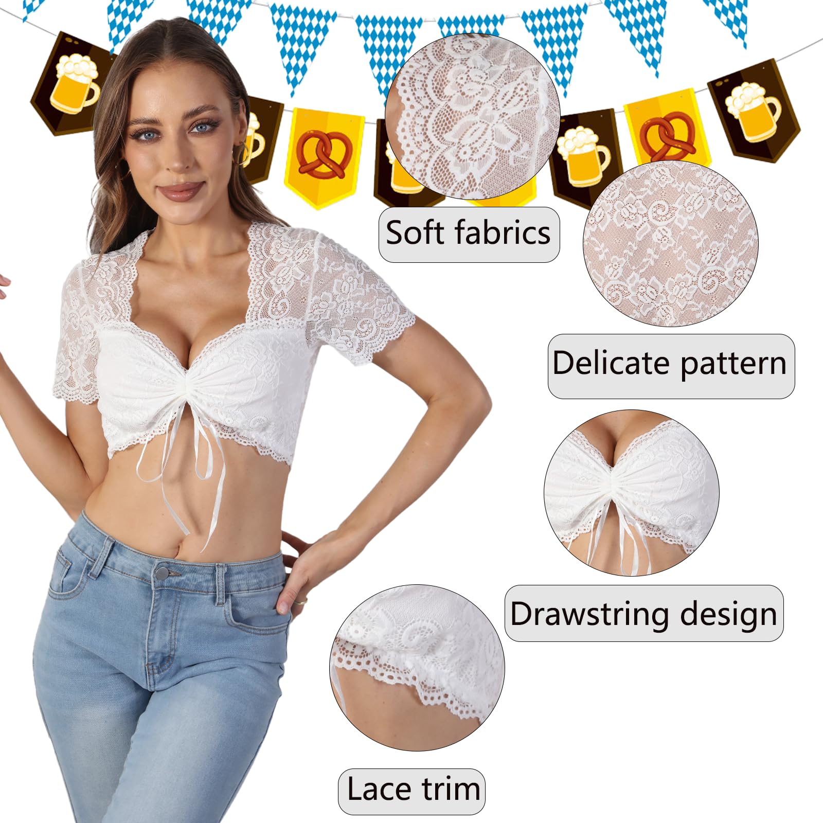 Dirndl Camicetta Donna in Pizzo Bianco per Oktoberfest, Blusa Tradizionale Bavarese con Scollo a V e Maniche Corte, Elegante e Sexy