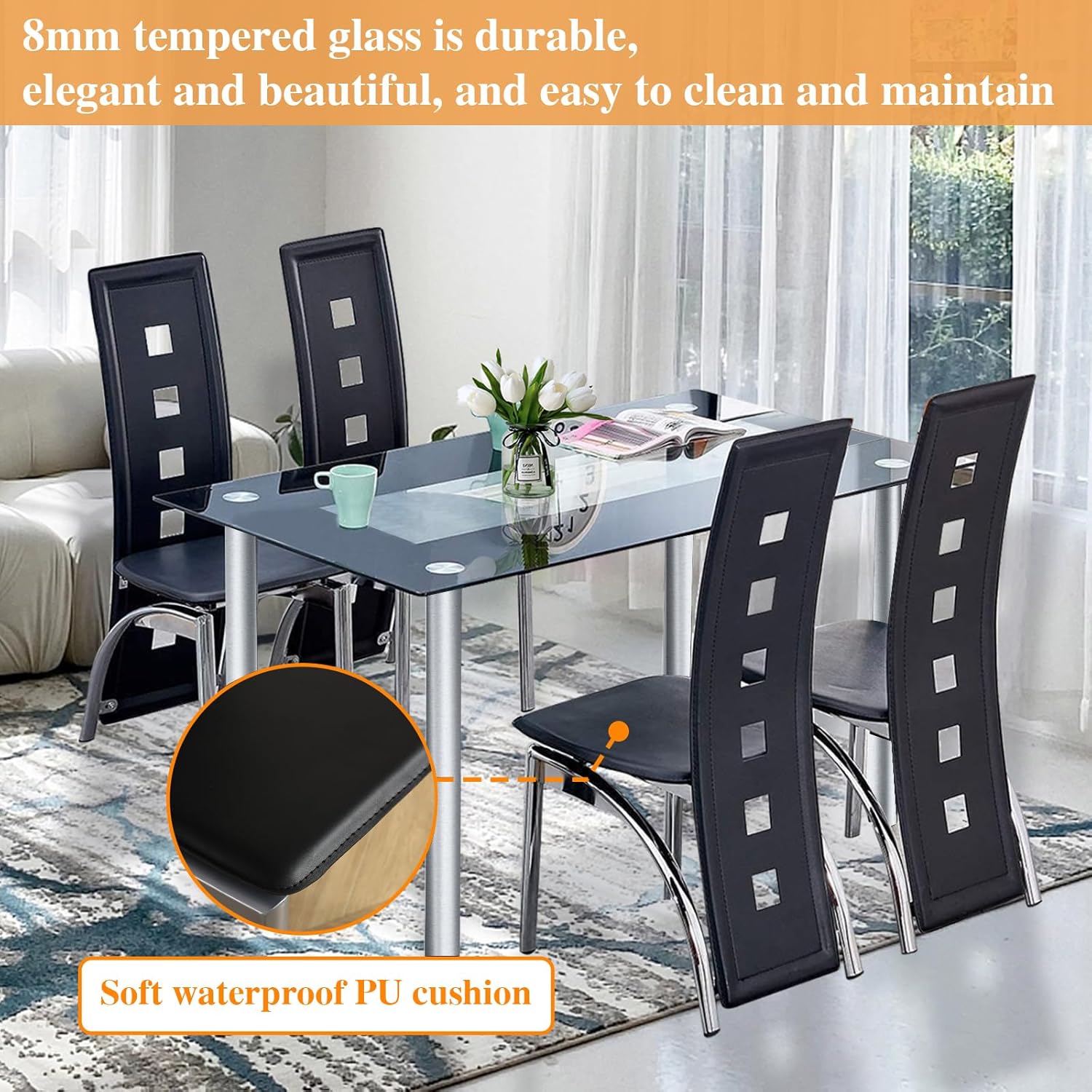 Homvent dining table set for small tempered glass dining room kitchen  table and chairs for small spaces transparent white modern 110cm stainless 