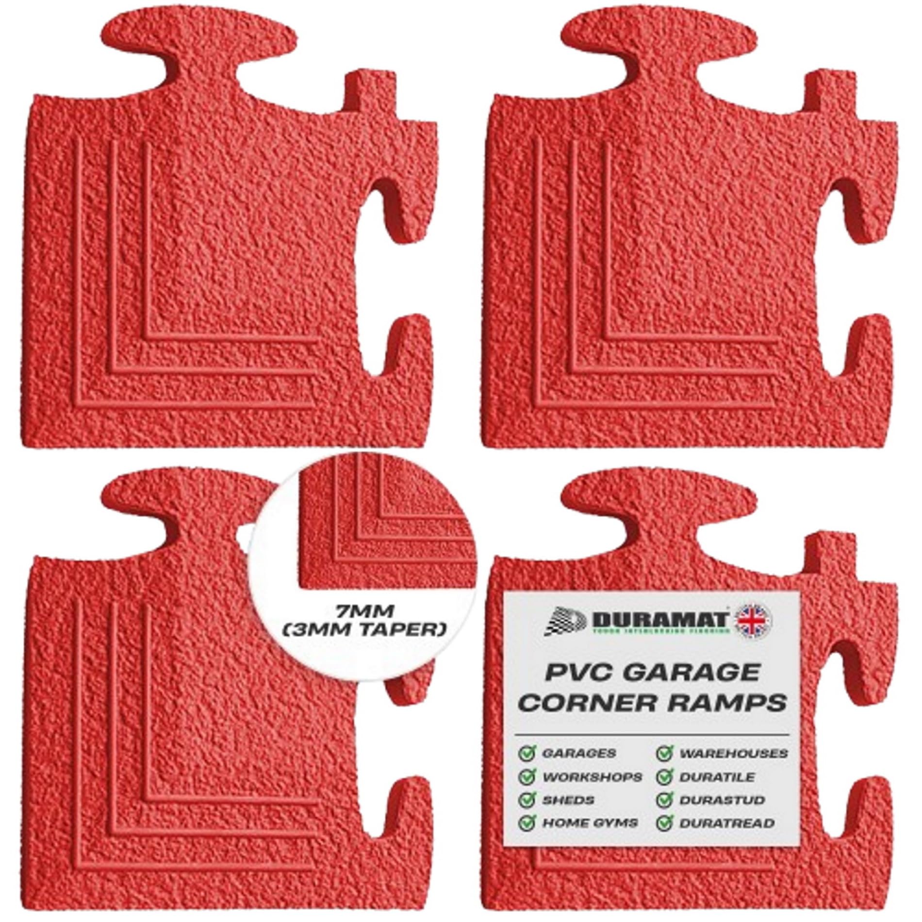Corner Piece – Red Heavy Duty Interlocking Garage Flooring Tile | 500mm x 500mm x 7mm | PVC Floor Tile for Workshop, Home, Showroom & Automotive Use | 50cm Corner Piece - Red x4