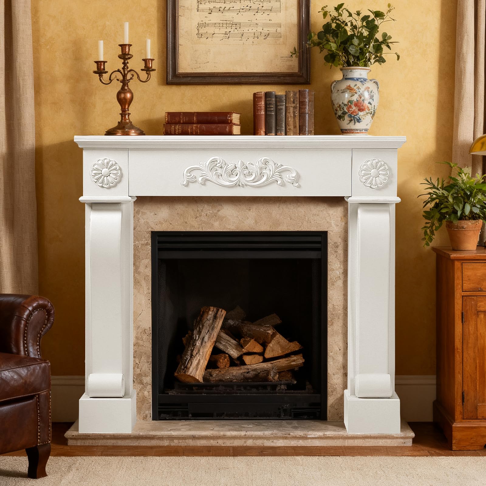HOMEDIARY Fireplace Mantel Surround, Modern White Fireplace Mantel Frames with Legs for Living Room, Premium MDF with Solid Wood, Decorative Fireplace Surround for Holidays, Anti-Tipping &amp; Waterproof