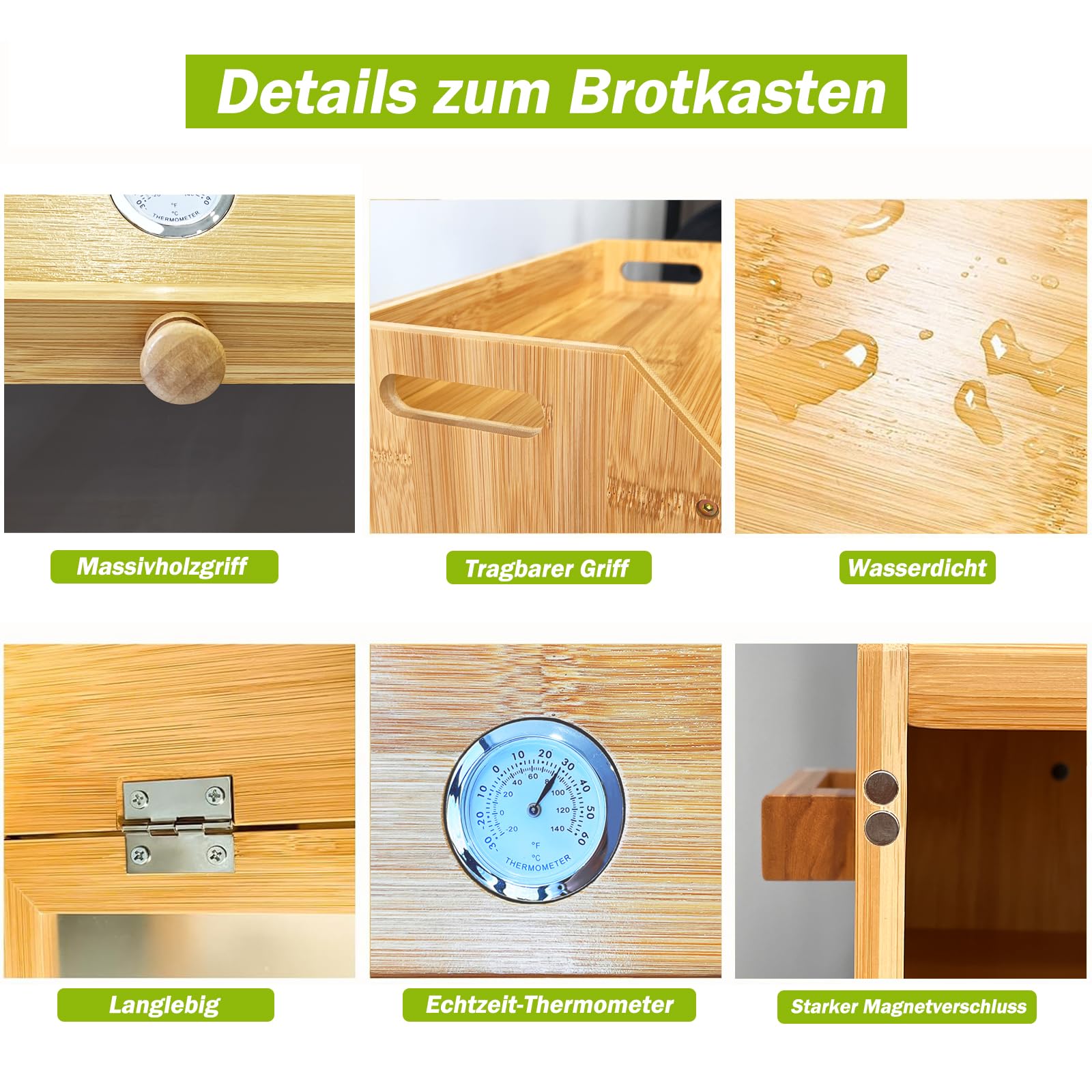Doppelschicht Bambus Brotbox, Thermometer inklusive, mit Messerhalter‑Schneidebrett‑Rack & Lüftungsöffnungen, Bauernhaus‑Stil Küchen Organizer für Arbeitsplatten‑Ecke