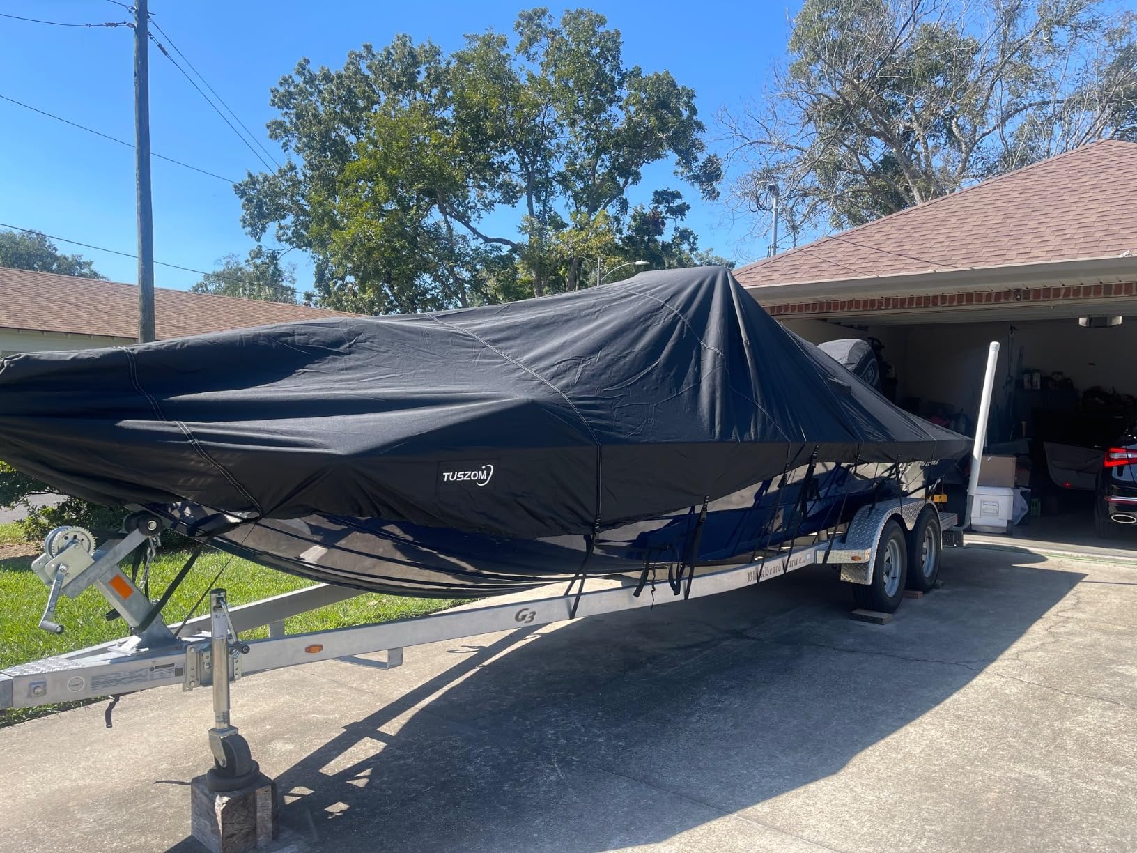 Tuszom 1200D 100% Waterproof Center Console Boat Cover with Motor Cover, Tear-Proof Trailerable Boat Cover for Center Console Boat with 13-19 Windproof Straps (Black, 17' - 19' L, UP to 102