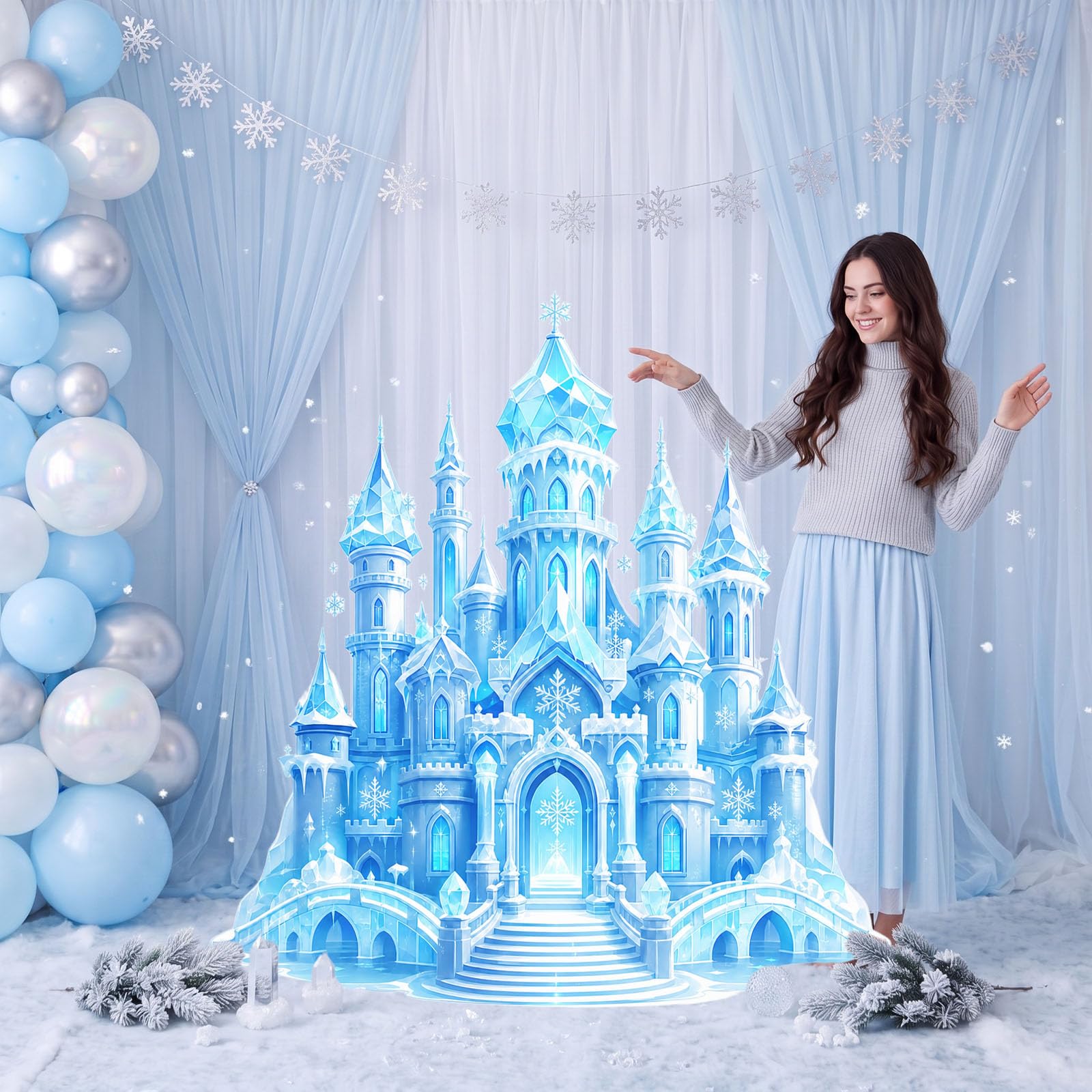 Qunclay 4.5 ft Ice Castle Cardboard Cutout Winter Princess Party Decoration Life Size Ice Snow Photo Booth Prop Standee Stand up 3D Display Backdrop Decor for Birthday Baby Shower