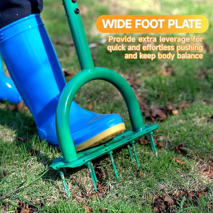 The Lawn Aerator Spikes Aerating Tool is a manual yard aerator that is designed to improve the health and appearance of your lawn by allowing for better air and water flow to the roots of your grass. This tool comes with 13 soil spikes that can penetrate the ground easily to ensure proper aeration. The T-handle design provides comfortable and easy maneuverability while using the tool, and the wide foot plate allows for added stability and leverage during use.