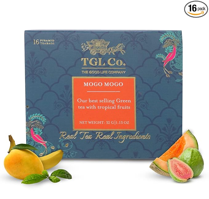 TGL Mogo Mogo Green Tea Bags, 16 Tea Bags, Ice Brews Cold Brew and Hot Brew Ice Tea| Used for Iced Tea Cocktails, Mocktail |Ingredients - Banana, Mango, Melon, Passion flower Leaves, Sunflowers, Guava