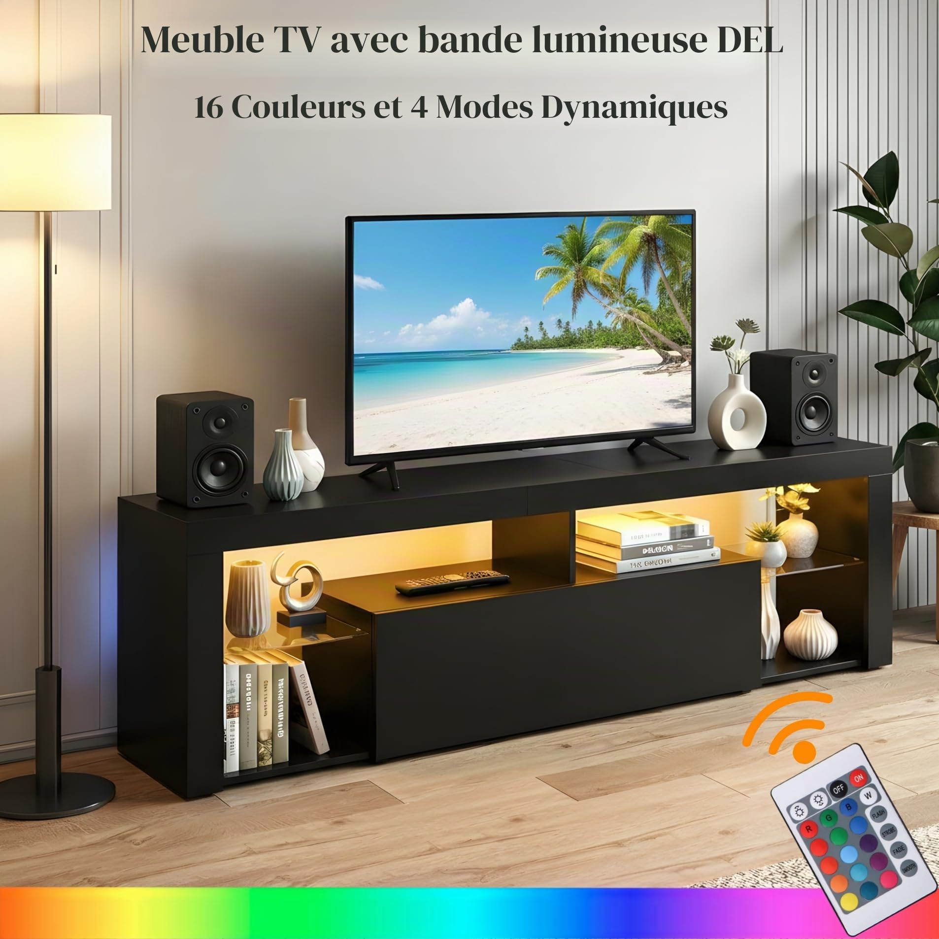 Meuble TV Noir 140cm Longueur avec Bande Lumineuse, Meuble Télé Moderne avec Étagères en Verre et Tiroir, Meuble TV Bas avec Rangement pour Salon, Chambre et Gaming (140x35x50cm)