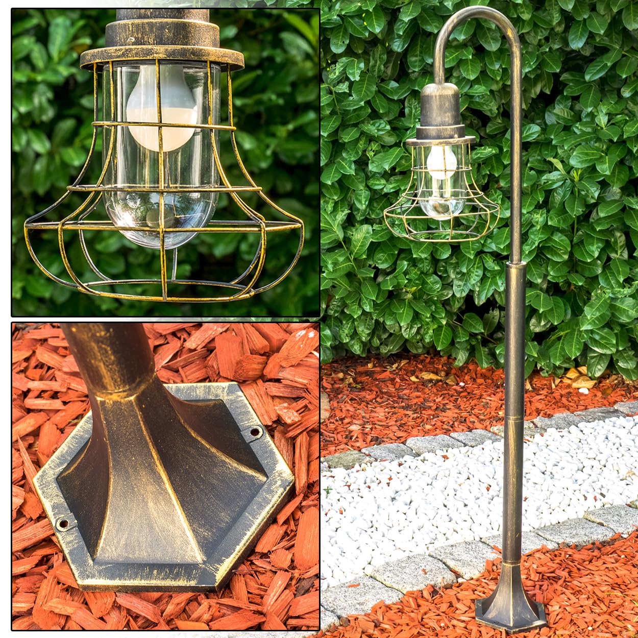Lámpara de exterior Borkan, lámpara de pie de aspecto antiguo, aluminio fundido en negro/oro con cristales, luz de camino 125,5 cm, lámpara de jardín retro/vintage, E27, IP44, sin bombilla(s)