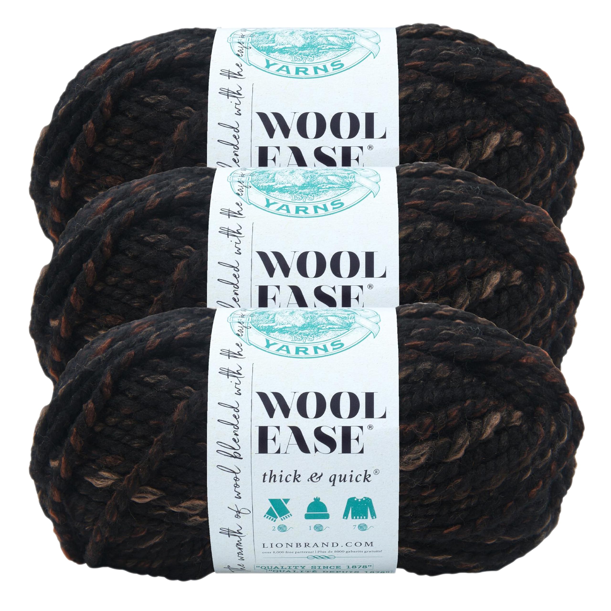 Lion Brand Yarn, Wool-Ease Thick &amp; Quick Yarn, Toasted Almond Black, 3 Pack