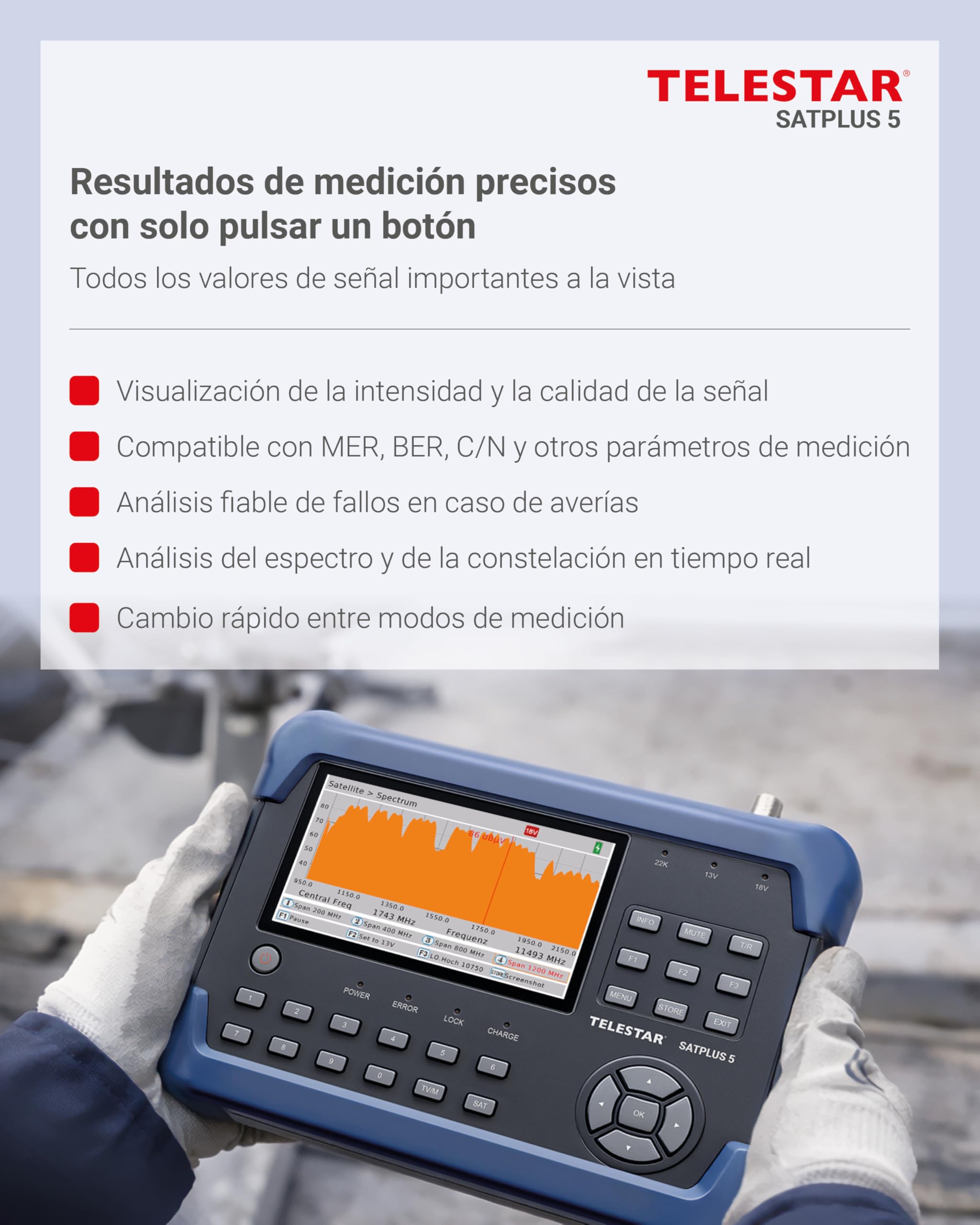 TELESTAR SATPLUS 5 – Medidor Sat con Imagen de TV en Directo | Para DVB-S/DVB-S2/DVB-C/DVB-T2, Unicable, pantalla de 5"