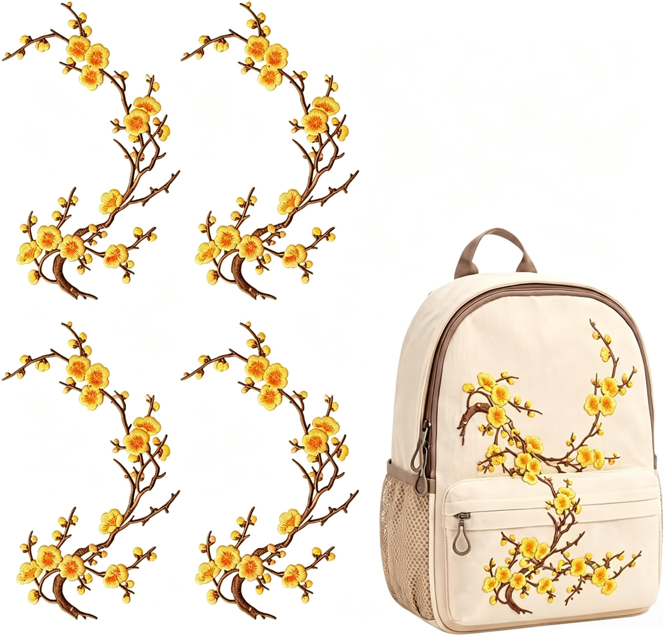 Cherry Blossom Patches Iron On, 5Pcs Embroidered Pink Sakura Floral Sew On Patch, Applique Trim for Jeans, Garment, Jacket, Backpack, Clothes Decoration, DIY Craft & Repair (Yellow Blossom, Assorted)