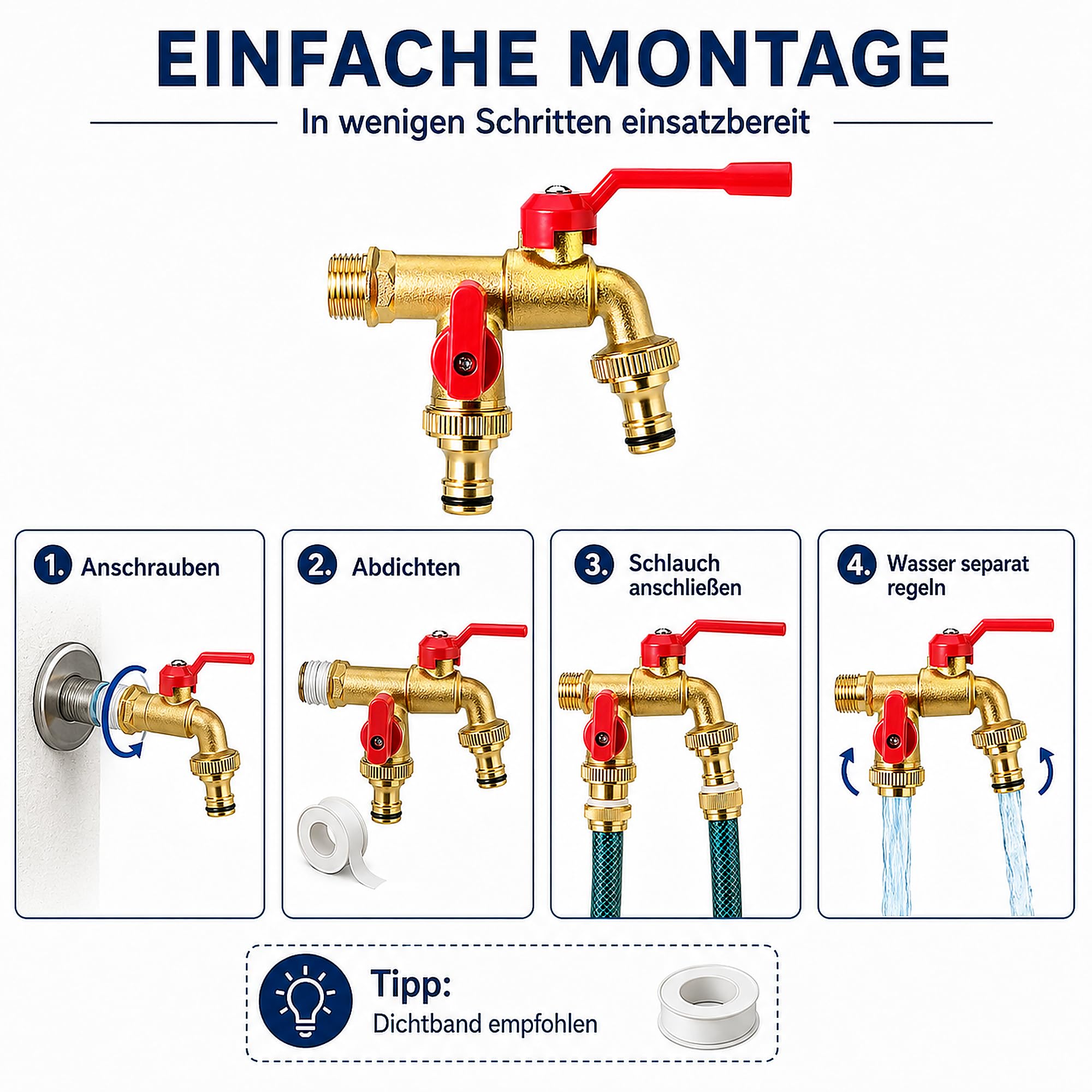 Double robinet extérieur résistant au gel 1/2" - Robinet de jardin en laiton avec 2 sorties de 3/4" - Double vanne de sortie pour tuyau d'arrosage, réservoir de pluie et machine à laver