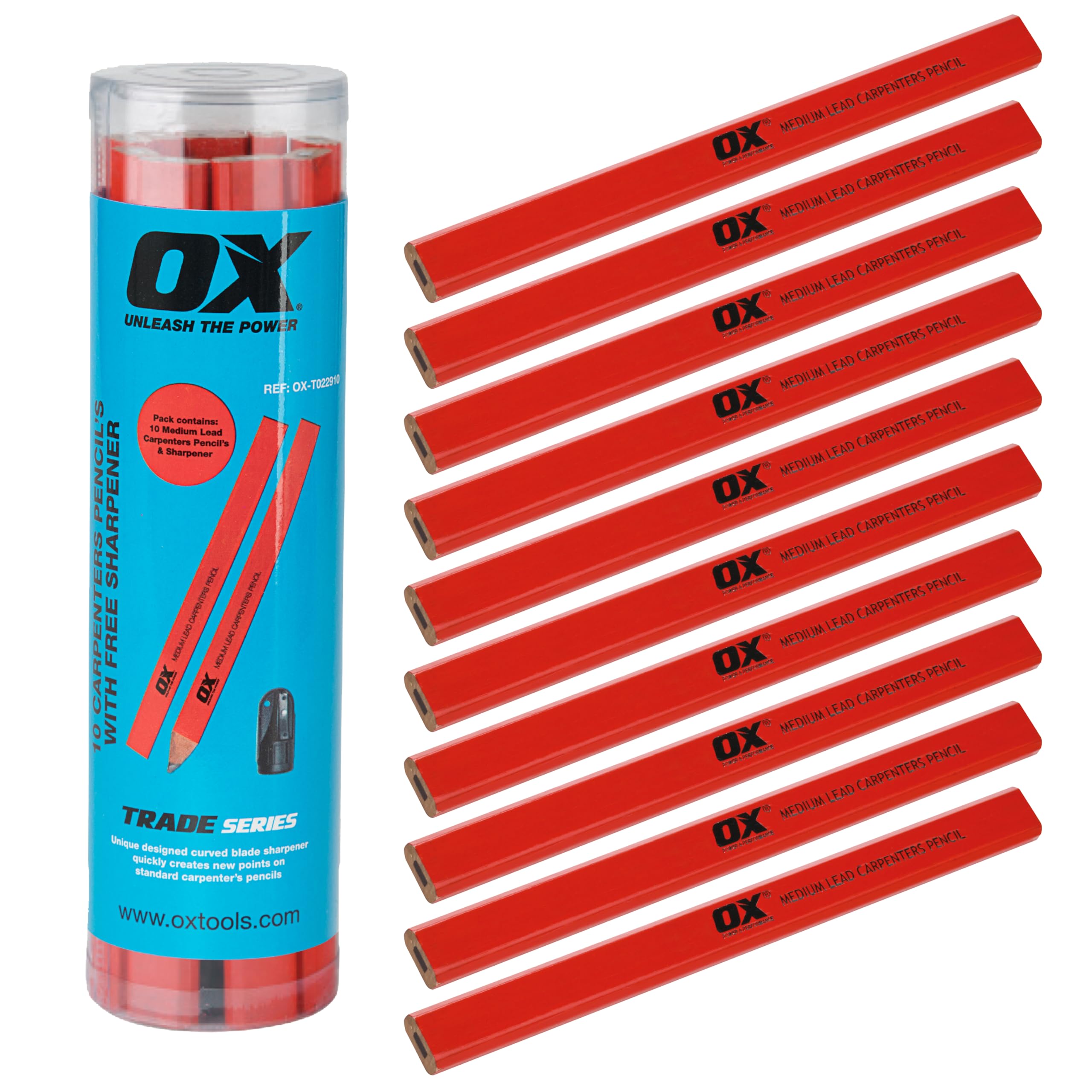 Ox T022910 Trade Carpenters Pencils Medium With Sharpener Pack Of 10