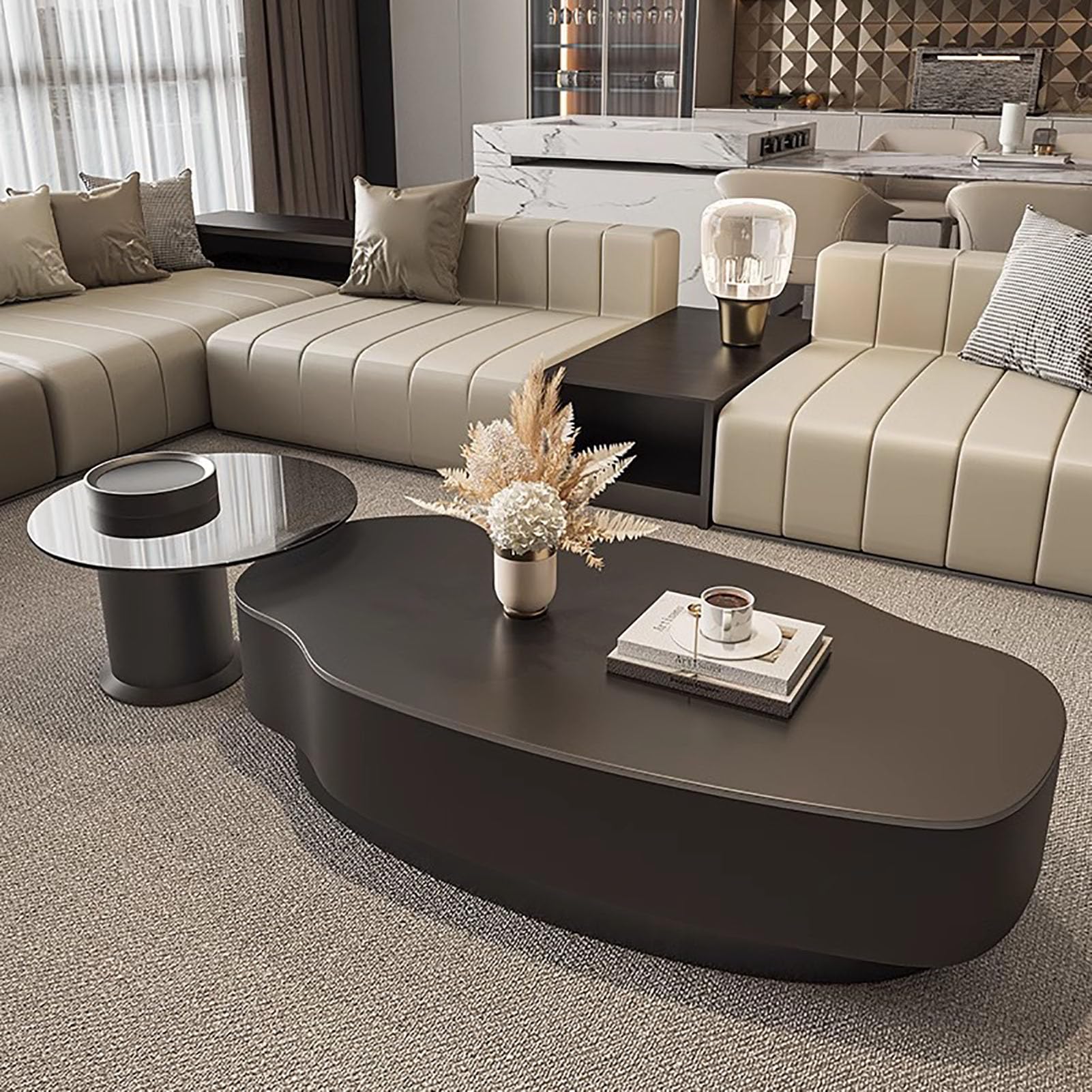 SXZenSpace Oval Coffee Table with Storage, Modern Creative Design Faux Marble Veneered Irregular Pedestal Center for Living Room Apartment,A,120cm(47")+60cm(24")