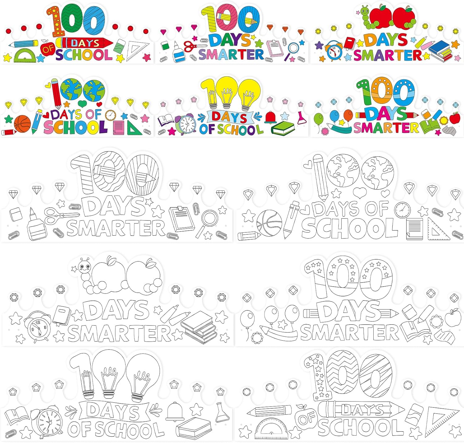 Treasure Cove 100 Days of School Coloring Crowns 100th Day of School Paper Crown Crafts DIY Party Hats Art Craft for Kids Students Classroom Celebration Decorations Supplies 36Pcs