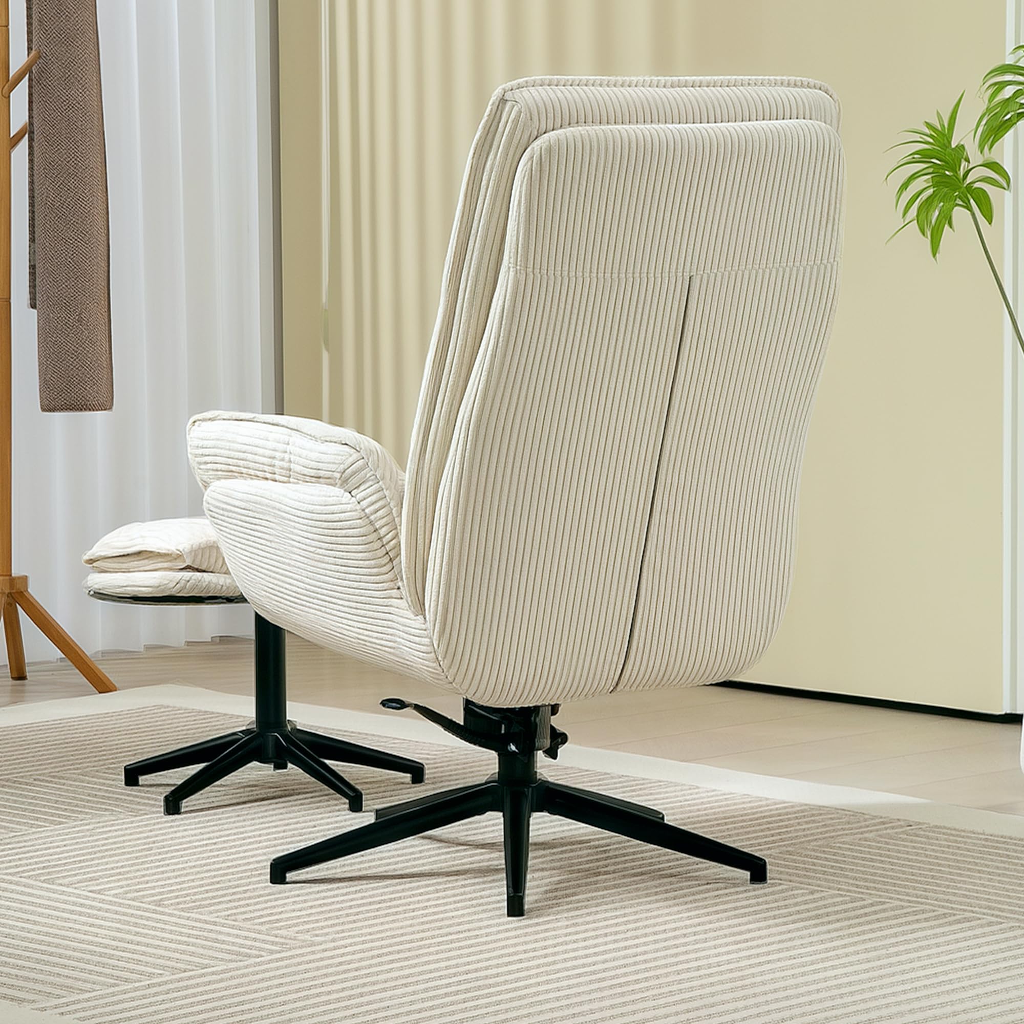 HOMCOM Fauteuil Salon avec Repose-Pieds Pivotant Inclinable Relax Beige | Velours Côtelé, Assise et Accoudoirs Rembourrés, Dossier Haut, pour Salon et Chambre