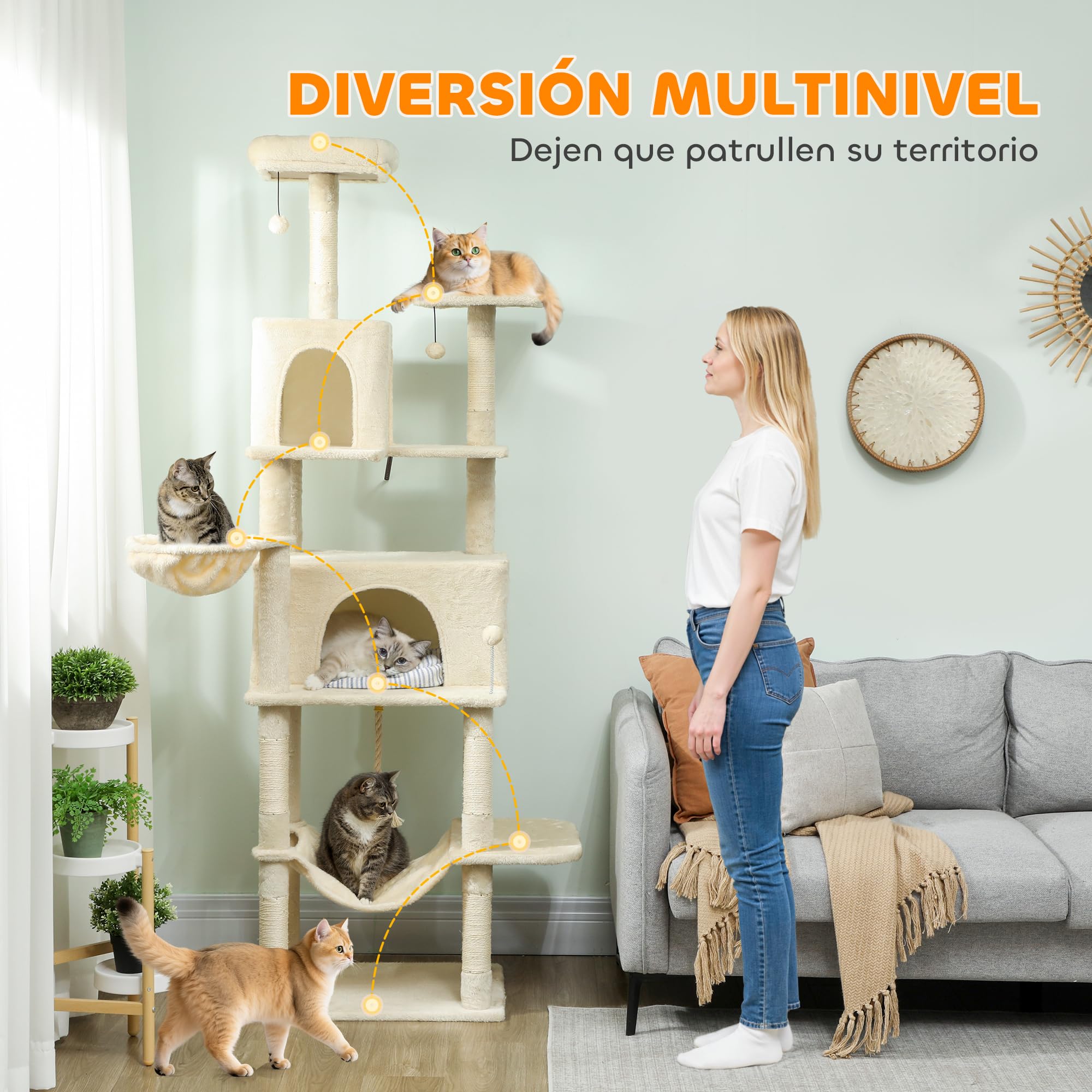 PawHut Árbol Rascador para Gatos 202 cm con 2 Cuevas Beige | Árbol para Gatos, Torre Escalador, 2 Hamacas, 6 Postes de Sisal, 3 Bolas, Cuerda para Jugar