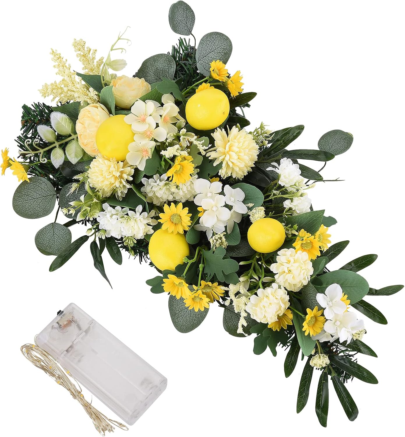 21.6in Artificial Lemon Teardrop Wreath,Faux Yellow Lemon Floral Swag Spring Summer Fruit Swag with Mixed Flowers and Green Leaves for Front Door Indoor Outdoor Window Decor(With LIght)