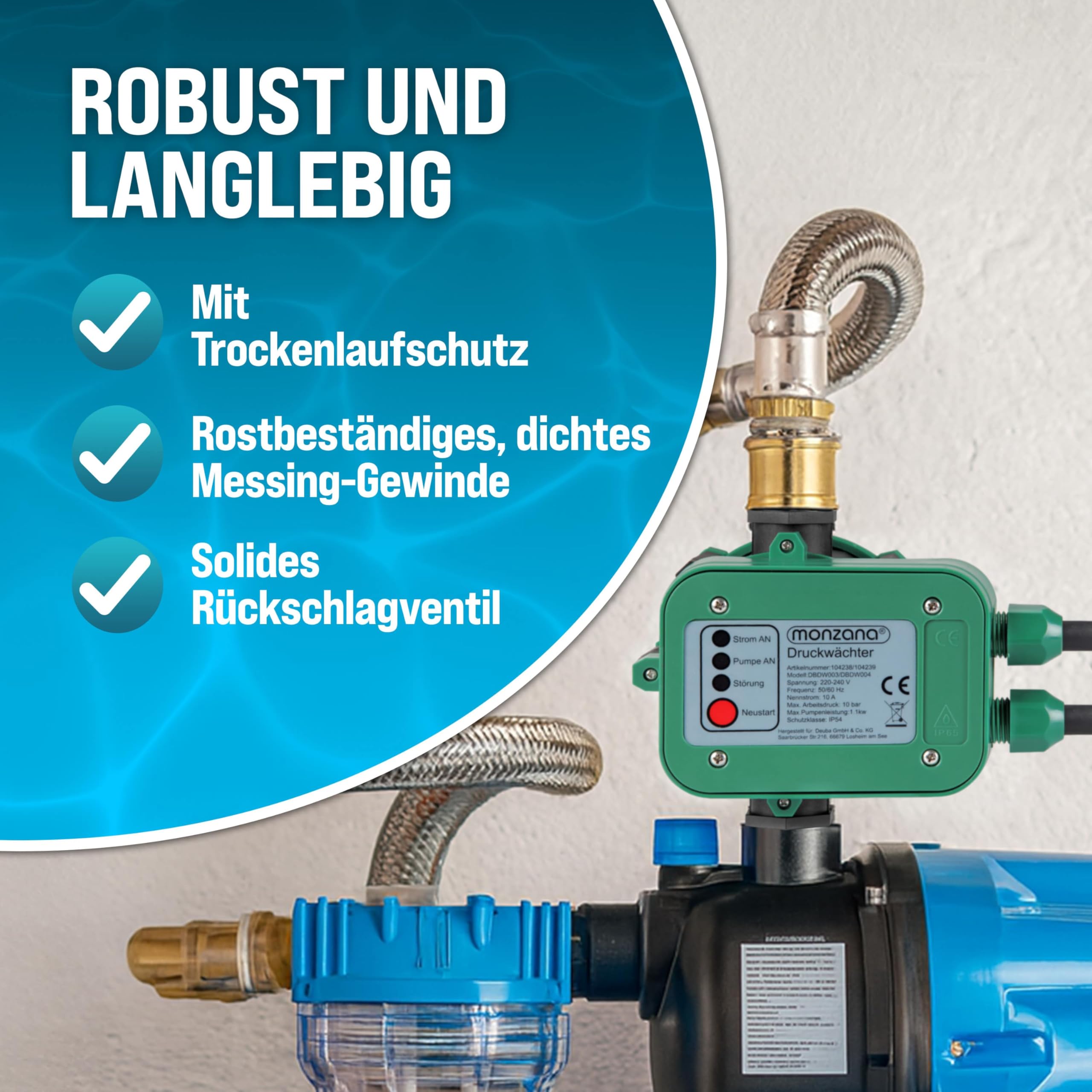 MONZANA® Druckschalter Wasserpumpe mit Kabel 10 Bar Trockenlaufschutz Pumpensteuerung Hauswasserwerk Druckwächter Gartenpumpe Drucktaster