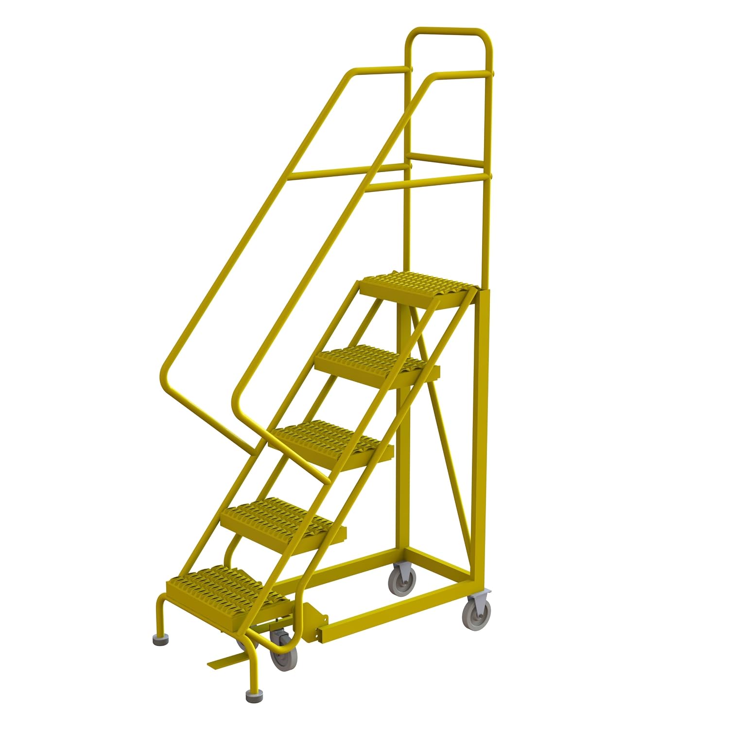 Tri-Arc KDEC115242-Y 15-Step Forward Descent Safety Angle Steel Rolling Industrial & Warehouse Ladder with Grip Strut Tread, 24" Wide Steps, Yellow Powder Coated Finish