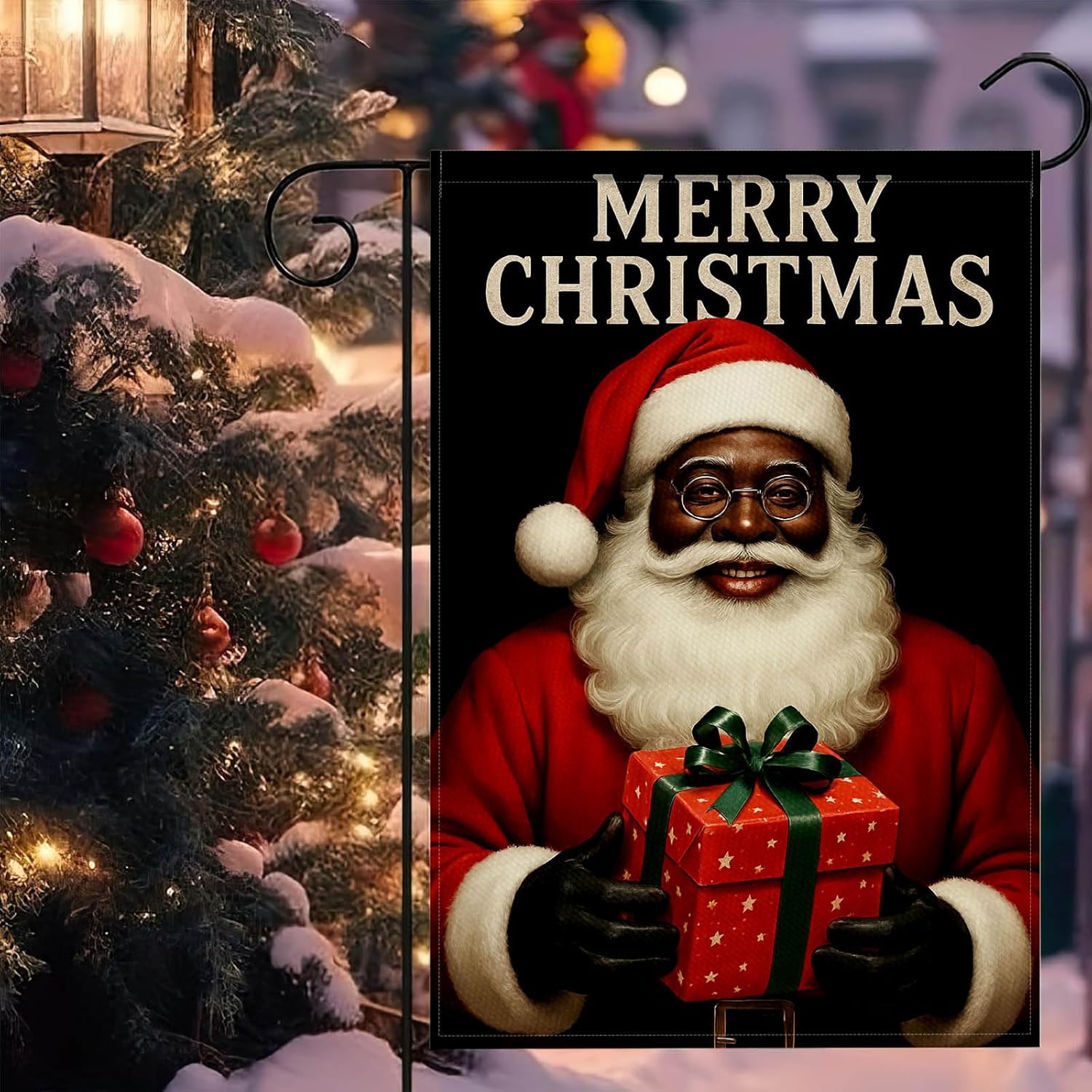 Black Santa Merry Christmas Garden Flag 12x18 Inch Holiday Gift Box Yard Banner Double Sided Seasonal Outdoor Flags Winter Porch Decoration for Lawn Patio Pathway Front Yard - Image 2