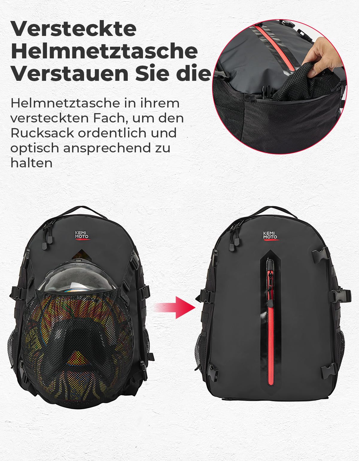 KEMIMOTO Plecak na kask motocyklowy, 35 l, torba na kask z ukrytą siatką na kask, duży uchwyt na kask