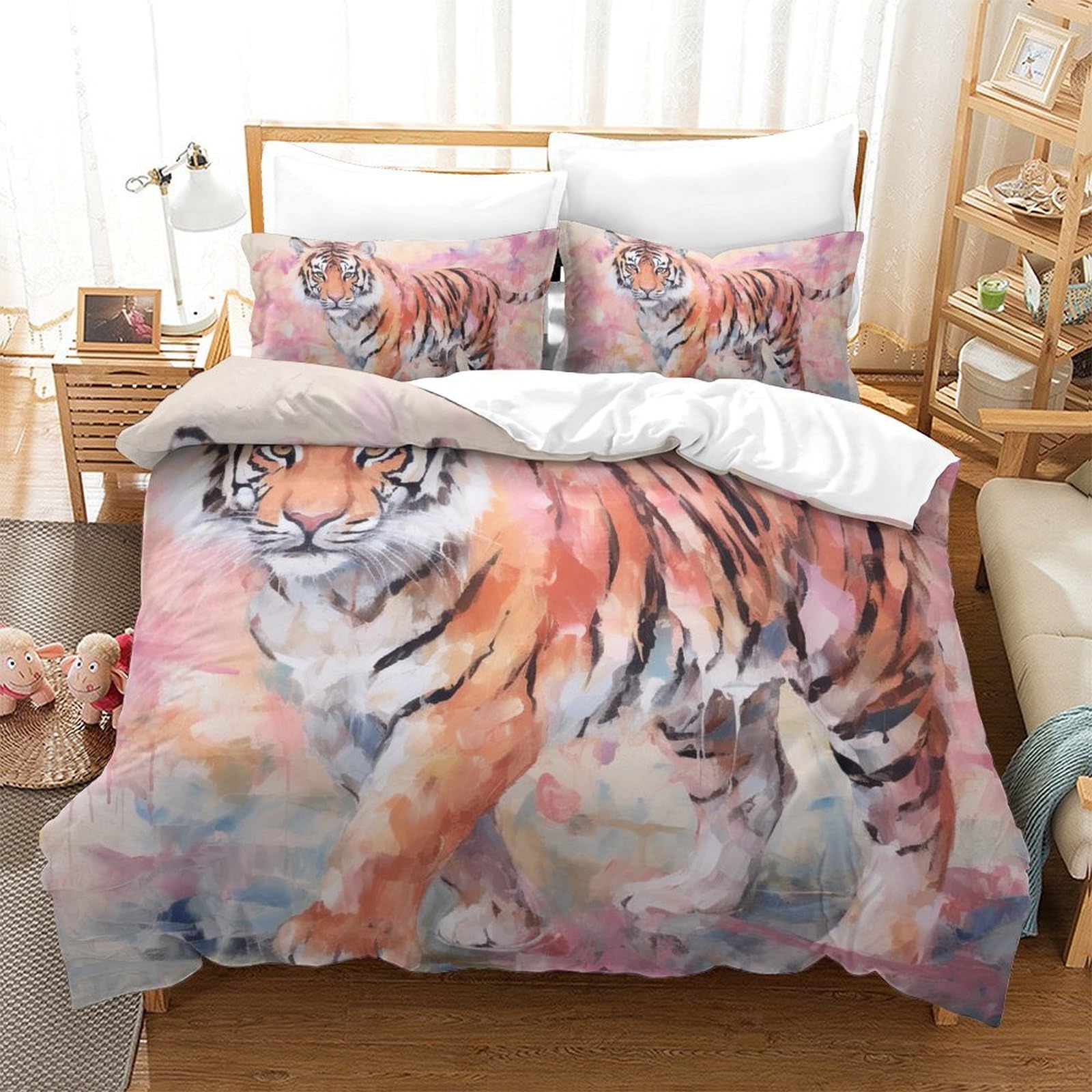 Housse de couette tigre 200x200 en microfibre avec 2 taies d'oreiller