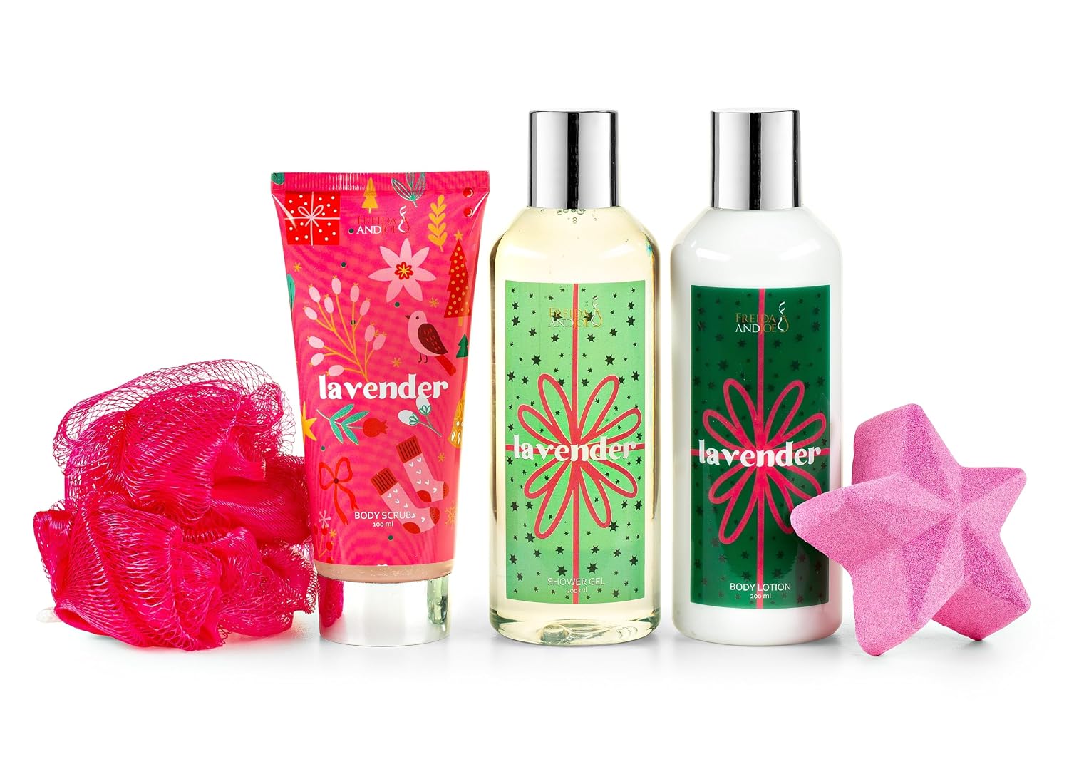 Fragrance Bath & Body Collection Gift Box, Includes Shower Gel, Body Lotion, Body Scrub, Bath Bomb & Sponge (Lavender- Pink)
