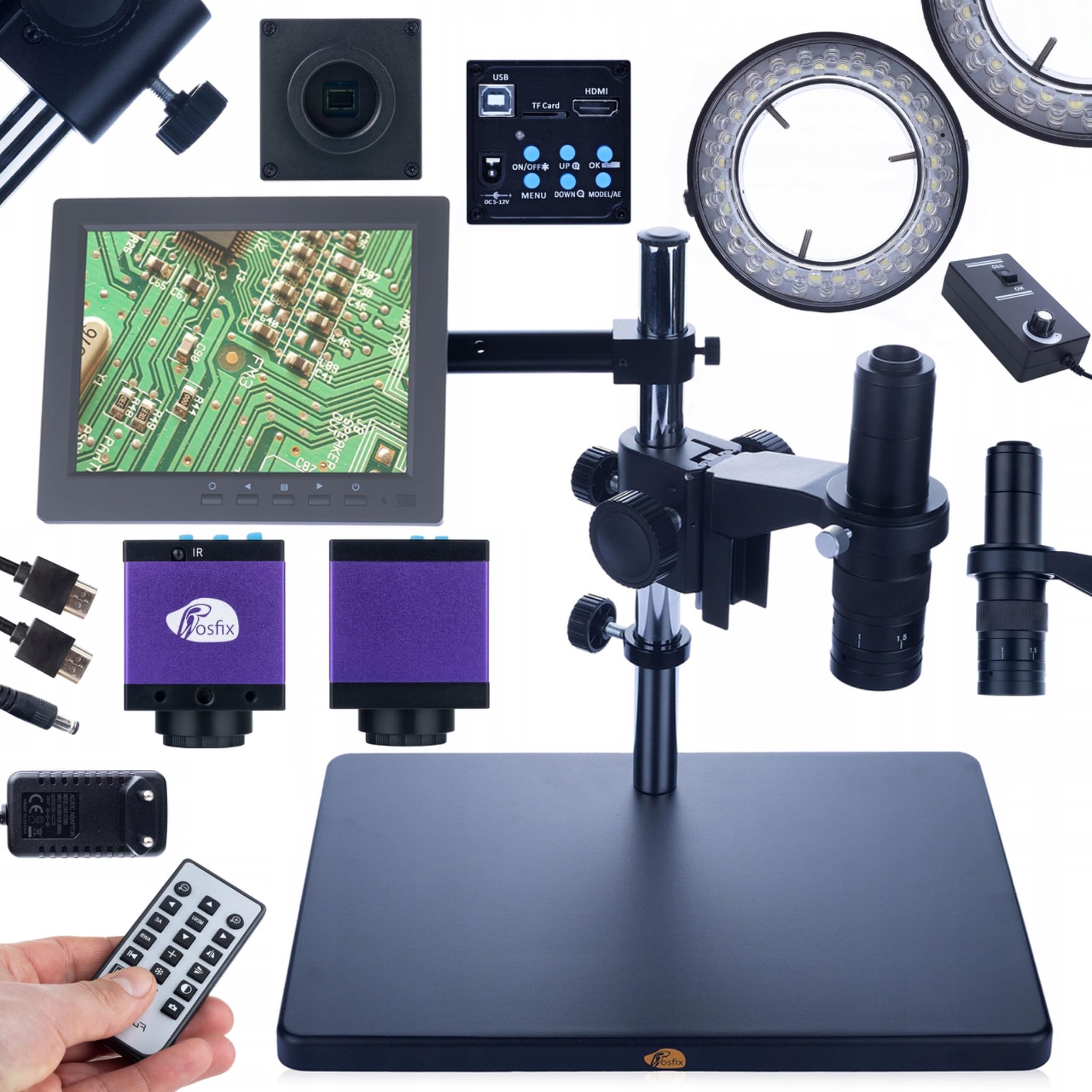Rosfix Set Earth Pro MCEP-0.5X - Microscopio digitale con zoom 7-45x, 56 luci LED ad anello e fotocamera Tucana | C-Mount | per elettronica, biologia, industriale, microscopia stereomicroscopia