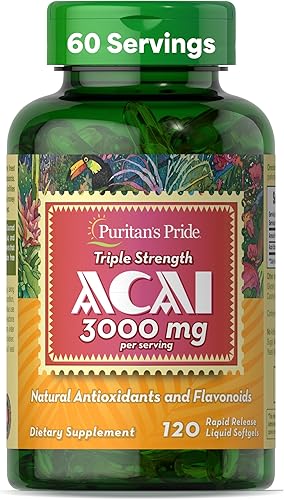 Puritan's Pride Triple Strength Acai 150 mg (equivalente a 3000 mg) con propiedades antioxidantes y flavonoides, suministro para 2 meses, 120