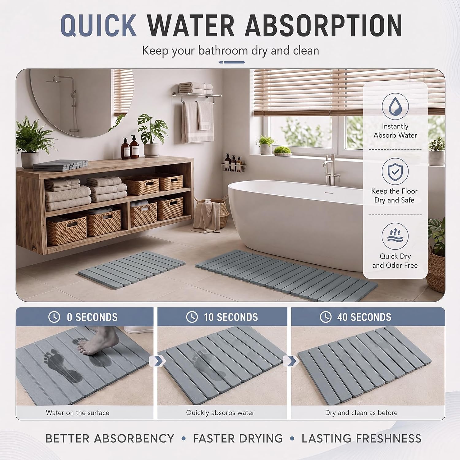2 Pcs Extra Large Stone Bath Mat, Light Grey, 47"x15"and 24"x15" | Foldable Diatomaceous Earth Bathtub Mats, Non-slip Rubber Base, Quick Dry, Super Absorbent, Bathroom